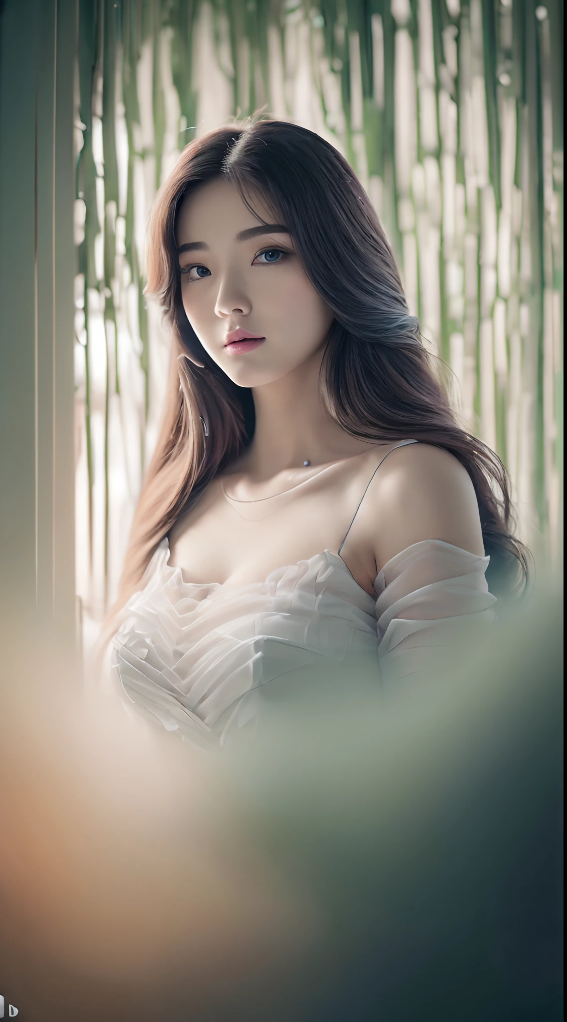 (Best quality, 4K, 8K, A high resolution, Masterpiece:1.2), Ultra-detailed, (Realistic, Photorealistic, photo-realistic:1.37), Portrait, Beautiful flowing long hair, Gray iris,vacant gaze, Plump pink lips, The ends of the hair are dotted with white flowers, Slender figure, Panoramic view, black formal, Detailed legs