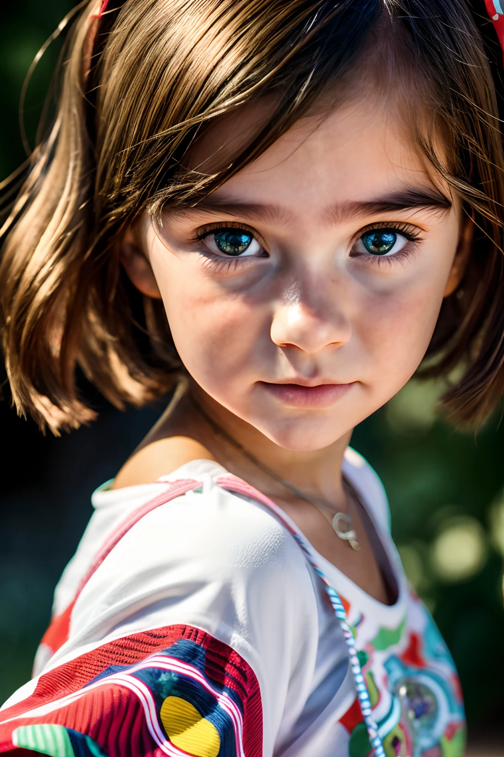 There is a young girl with a colorful shirt and a red and white striped shirt, retrato de um adolescente , retrato suave tiro 8 K, ****** bonito-fino-face, bonito rosto de ******s russas, close up de uma jovem garota , retrato bonito-fino-face, retrato de uma ****** russa, bela jovem, bela luz grandes olhos, ****** bonito jovem, seios pequenos e achatados.