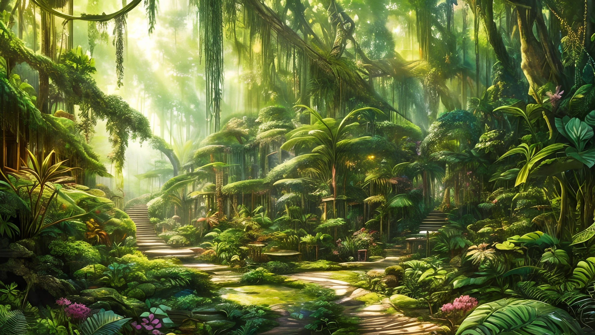Digital illustration, detailed and intricate, of a dense jungle filled with exotic plants and animals, the sunlight filtering through the canopy creating a dappled effect. In the style of Yoshitaka Amano and Hayao Miyazaki, masterpiece, proportional, detai...