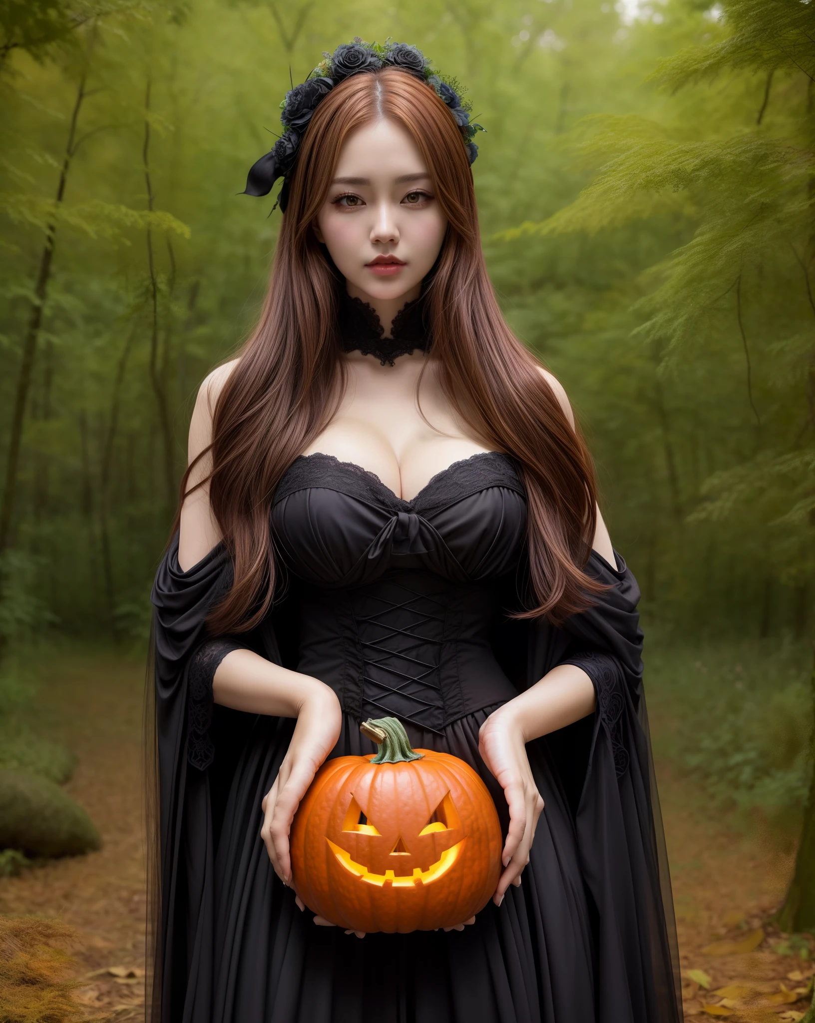 a close up of a woman holding a pumpkin in a forest, guweiz, by Yang J, extremely detailed artgerm, wlop | artgerm, halloween art style, gothic maiden anime girl, guweiz on artstation pixiv, artwork in the style of guweiz, artgerm and rossdraws