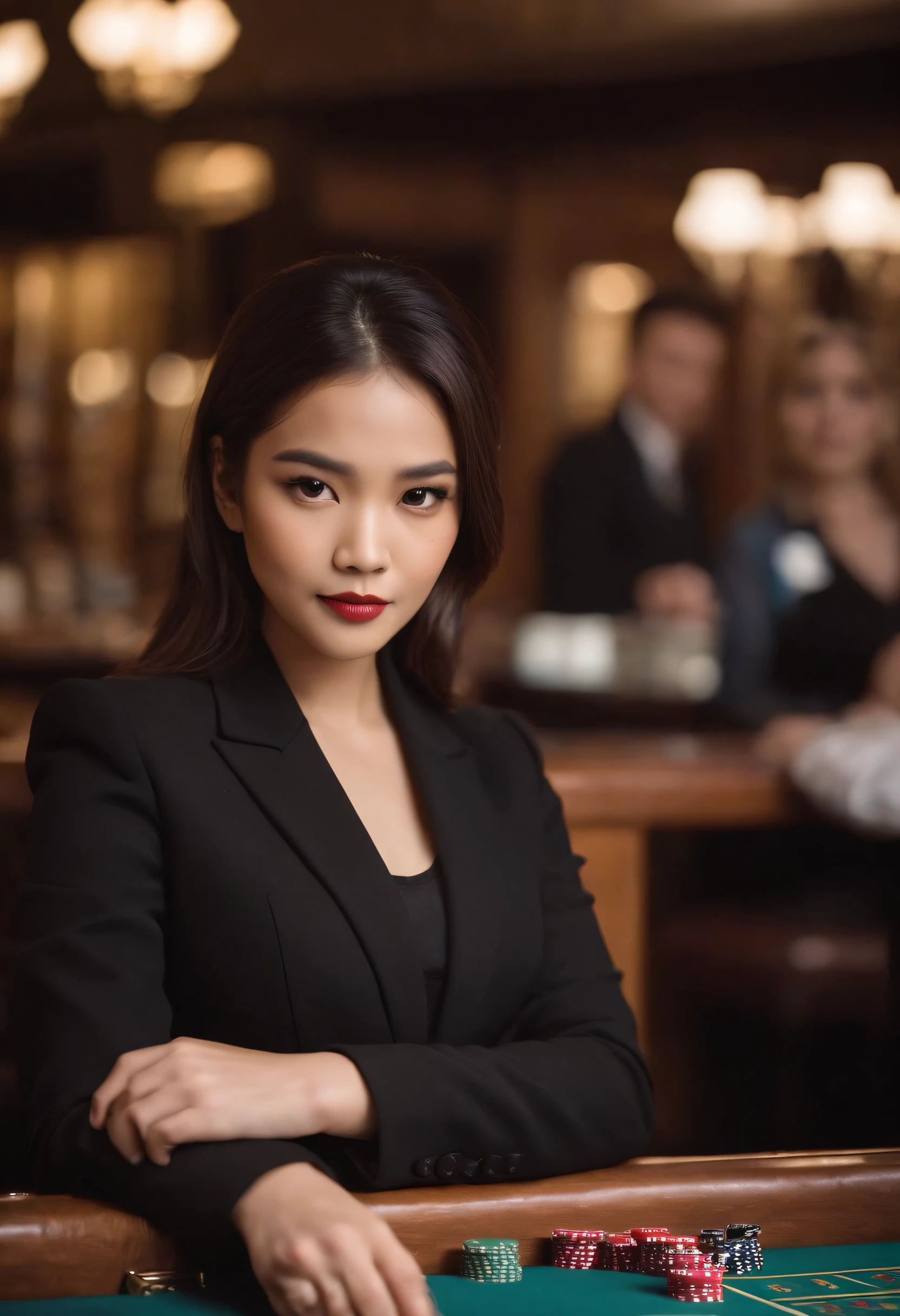 A young Filipino woman,wearing black suits,in blouse wearing,Hands wearing black leather gloves to play cards,There are a lot of slot machines around
