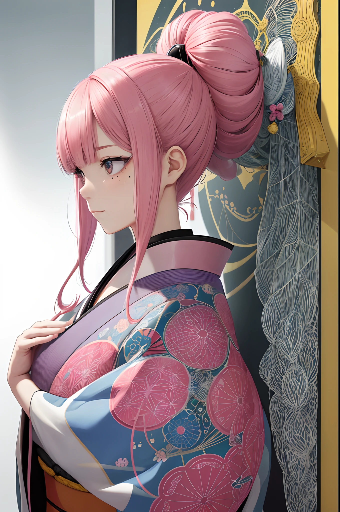 ((Poster of Japan Women 1)), close up , Official art, Unity 8k壁纸, ultra-detailliert, Beautiful and aesthetic, masutepiece, Best Quality, Realistic, Zentangle, mandalas, Tangle, Entangle, Fractal Art, Extremely detailed, Dynamic Angle, Most Beautiful Form of Chaos, Elegant, Pink twin-tailed hairstyle、Moles under the eyes、Plump and lustrous lips、a brutalist designed, Vivid colors, romanticism, Silk, Hiroshi Yoshida Italo Calvino Hilma Ahu Clint