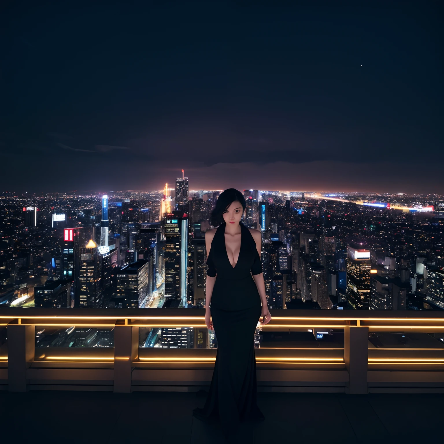 elegent、Japan Woman、beautiful countenance、Vertical composition、Have cleavage、Black jacket、No underwear、Night city、Night view building on background、Standing、Full body composition、