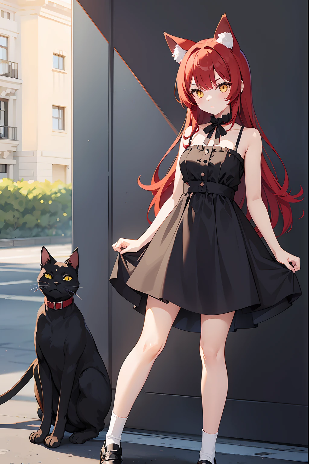 A girl with cat ears, red hair and yellow eyes, wearing a black dress, white socks and black shoes, stands