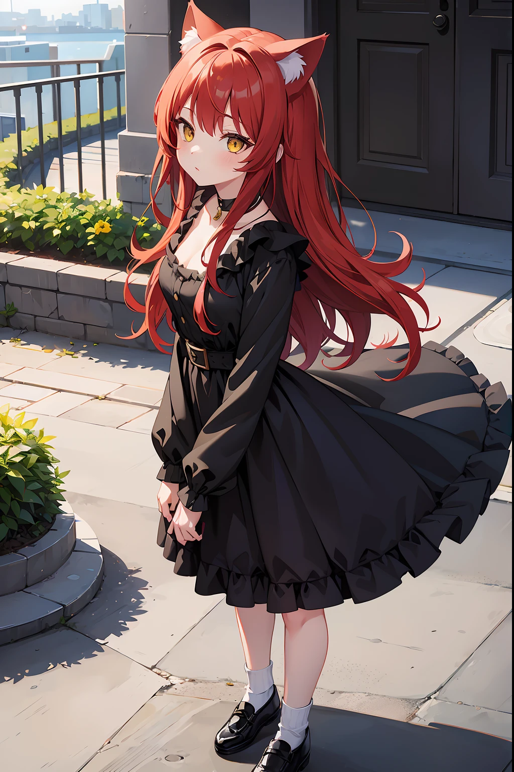 A girl with cat ears, red hair and yellow eyes, wearing a black dress, white socks and black shoes, stands