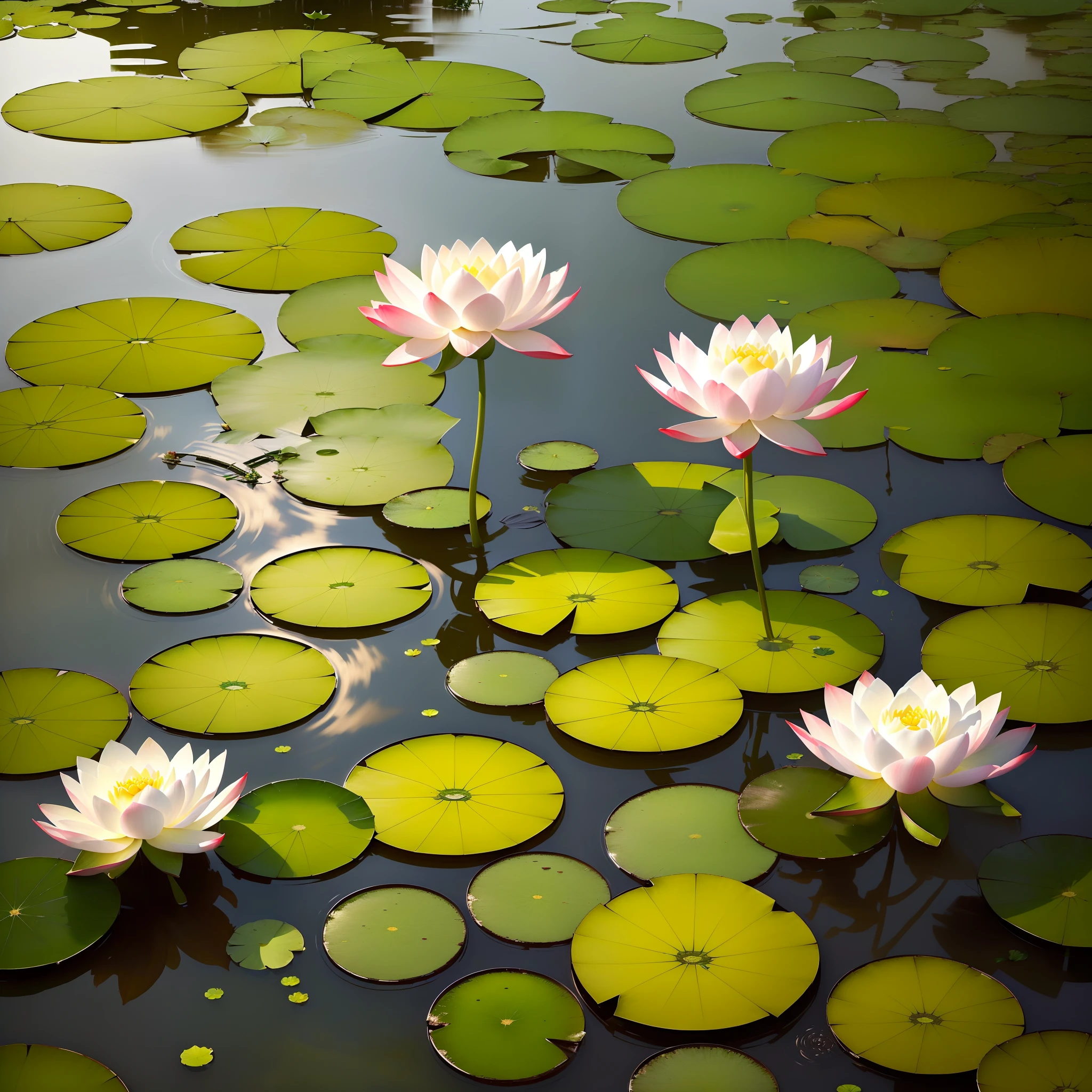 Masterpiece, exquisite, beautiful scenery deep in the lotus pond, (colourful, vivid, sunny, cool light: 1.2) lotus leaves in the pond. high quality high quality