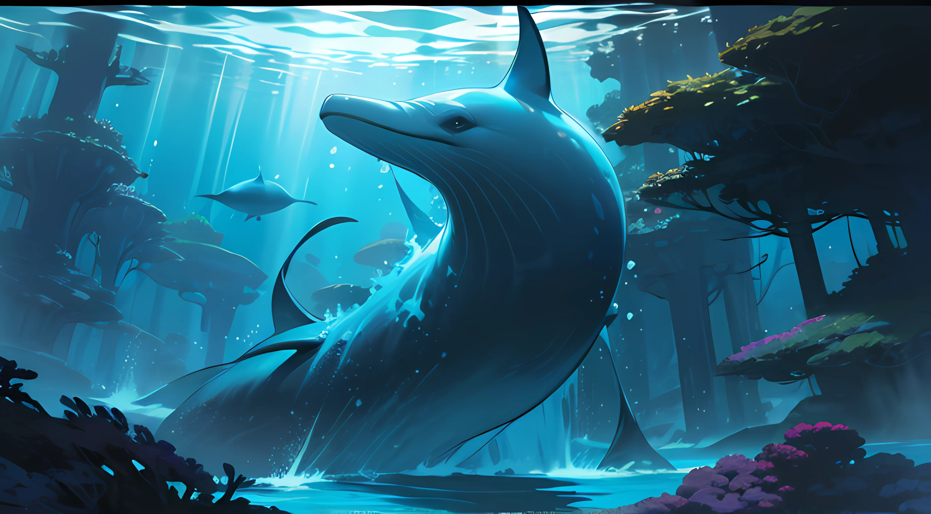 (best quality,highres:1.2),deep-sea creature,underwater,underwater ecosystem,unbelievably powerful,immense strength,titanic force,unyielding determination,exquisite details,mesmerizing colors,various shades of blue,ocean depths,abyssal,unfathomable beauty,floating effortlessly,scaled body,sharp and powerful fins,graceful movement,bioluminescent lights,dark and mysterious,unchartered territory,darkness and shadows,unexplored depths,submerged in tranquility,unseen wonders,extreme pressure resistance,crushing depths,mighty presence,dominant force,unchallenged ruler,sublime and majestic,serene tranquility,cosmic proportions,awe-inspiring,unrivaled power,infinite expanse,silent strength,whales and dolphins in the background,diversity of marine life,secrets of the deep,hauntingly beautiful,unimaginable depths,spectacular and otherworldly,peaceful serenity,stunning and vibrant,ancient and mystical,seafloor mysteries,densely populated,thriving ecosystems,untouched by mankind,lush and colorful coral reefs,enchanted realm,unleashing fury,wisdom of the sea,guardian of the depths,hidden treasures,diverse and fascinating,untamed and wild,navigating the darkness,unfading beauty,unexplored frontiers,unseen inhabitants,quiet and mysterious.