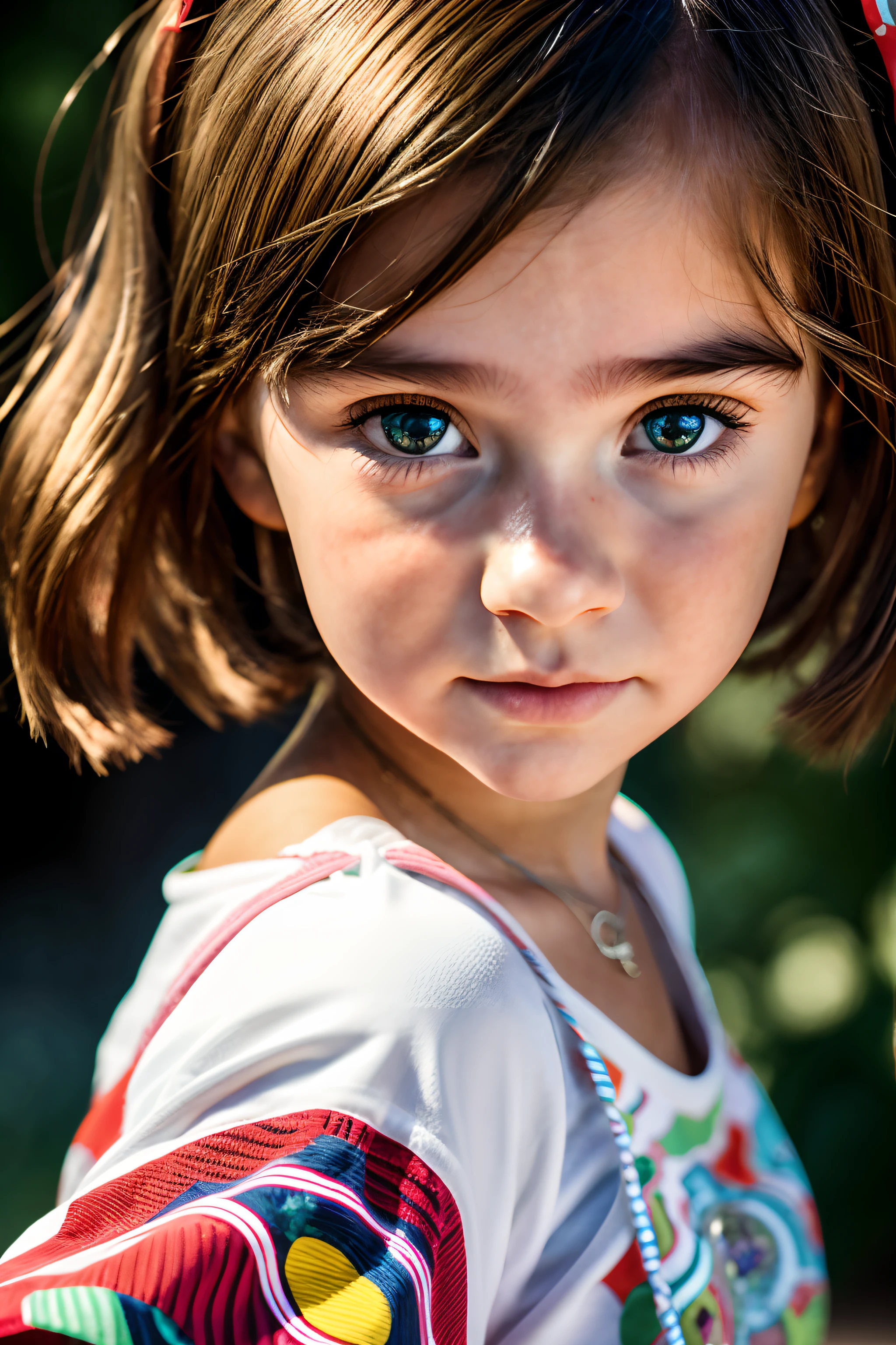 There is a young girl with a colorful shirt and a red and white striped shirt, retrato de um adolescente , retrato suave tiro 8 K, bonito-fino-face, bonito rosto de meninaas, close up de uma jovem garota , retrato bonito-fino-face, retrato de uma menina russa jovem, bela luz grandes olhos, menina bonito joveos pequenos e achatados.