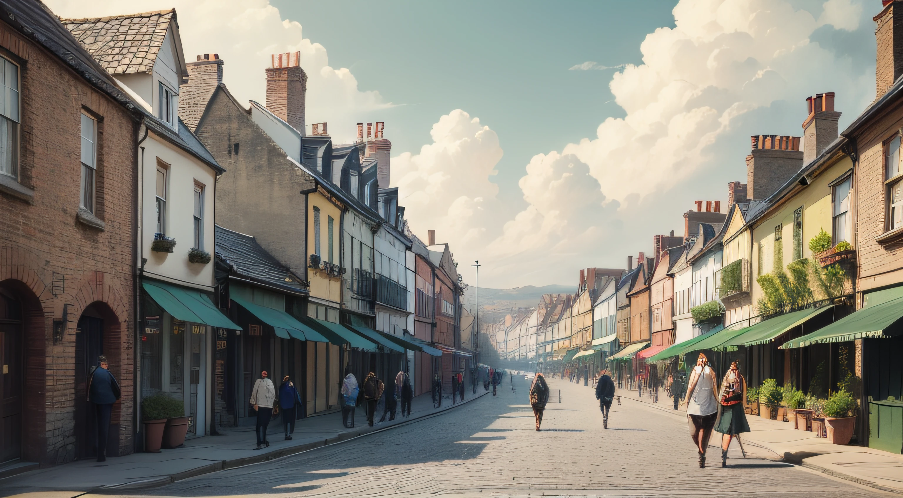 "Create an image depicting a cobbled street in 1938, con personas que realizan sus actividades diarias."