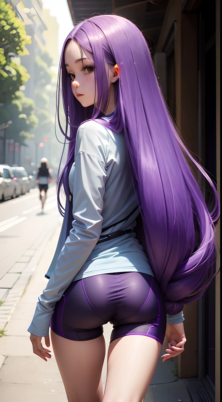 Girl with long purple hair, Slim, cuteface, little chest, Full-length, in long cycling shorts, seen from behind