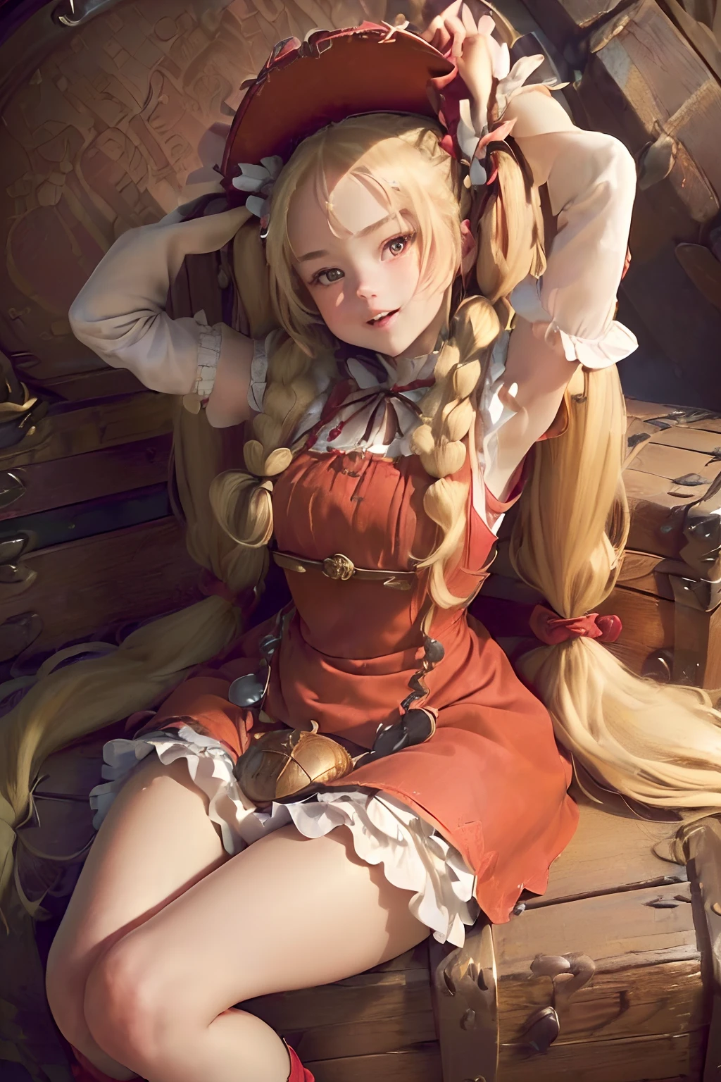 ((((hyperdetailed face, Perfect face and nice perfect face)))),( hight resolution, ultra-detailliert), (((((Girl with long hair blonde twin tails)))),(())),((((Red Maid Dress)))),（((girl with))),,((((Sit on top of a treasure chest)))),(((witch's hat))),(((Open your legs))),(((with arms up))),(((Laugh innocently,Medieval cityscape))),(((Ruffled skirt, Highest Quality)))),