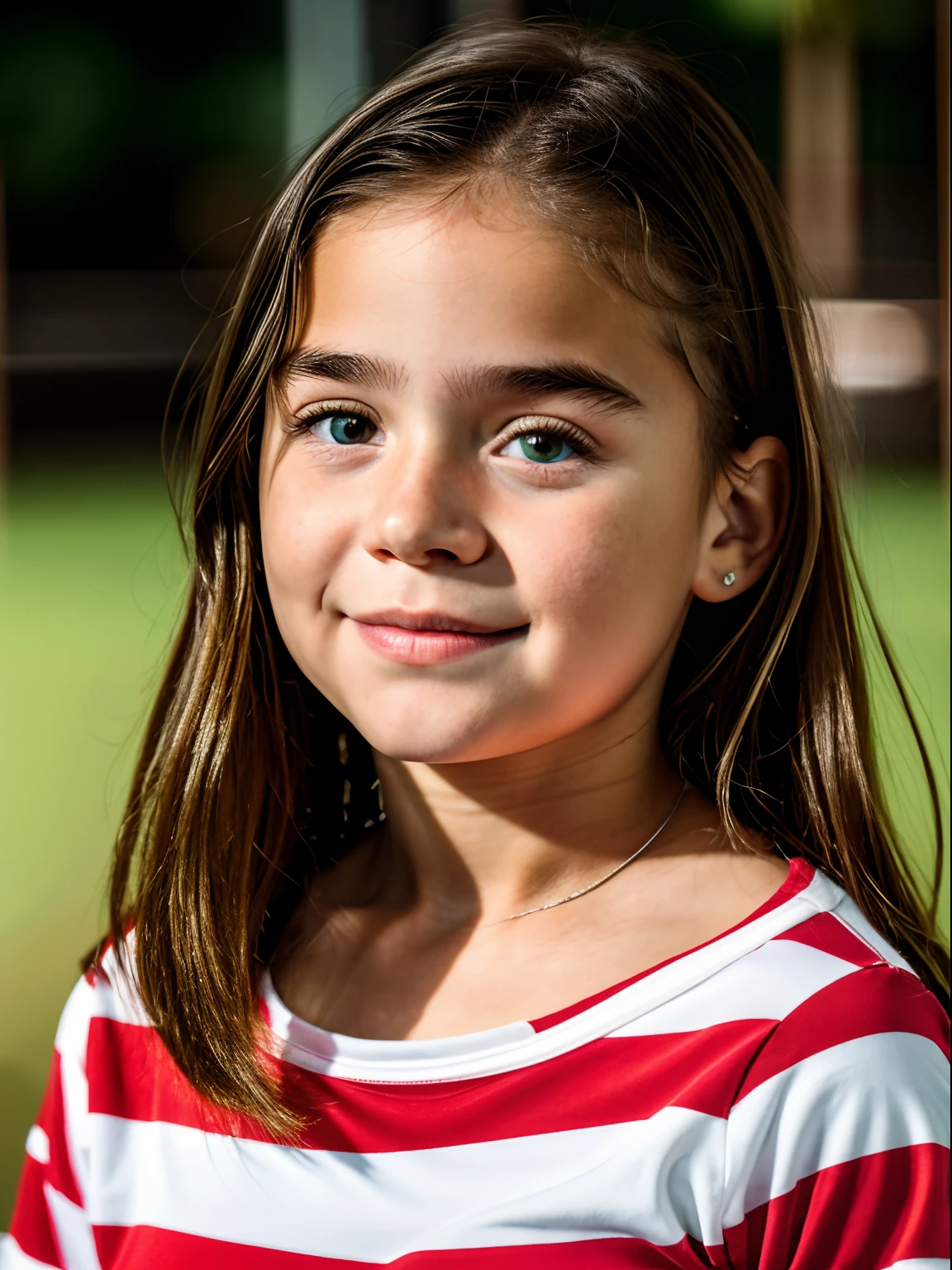 There is a young girl with a colorful shirt and a red and white striped shirt, Retrato de uma adolescente , Retrato Soft Shot 8K,  bonito-fino-face, bonito rosto de meninaas, close up de uma jovem garota , retrato bonito-fino-face, retrato de uma menina russa jovem, bela luz grandes olhos, menina bonito joveos pequenos e achatados.