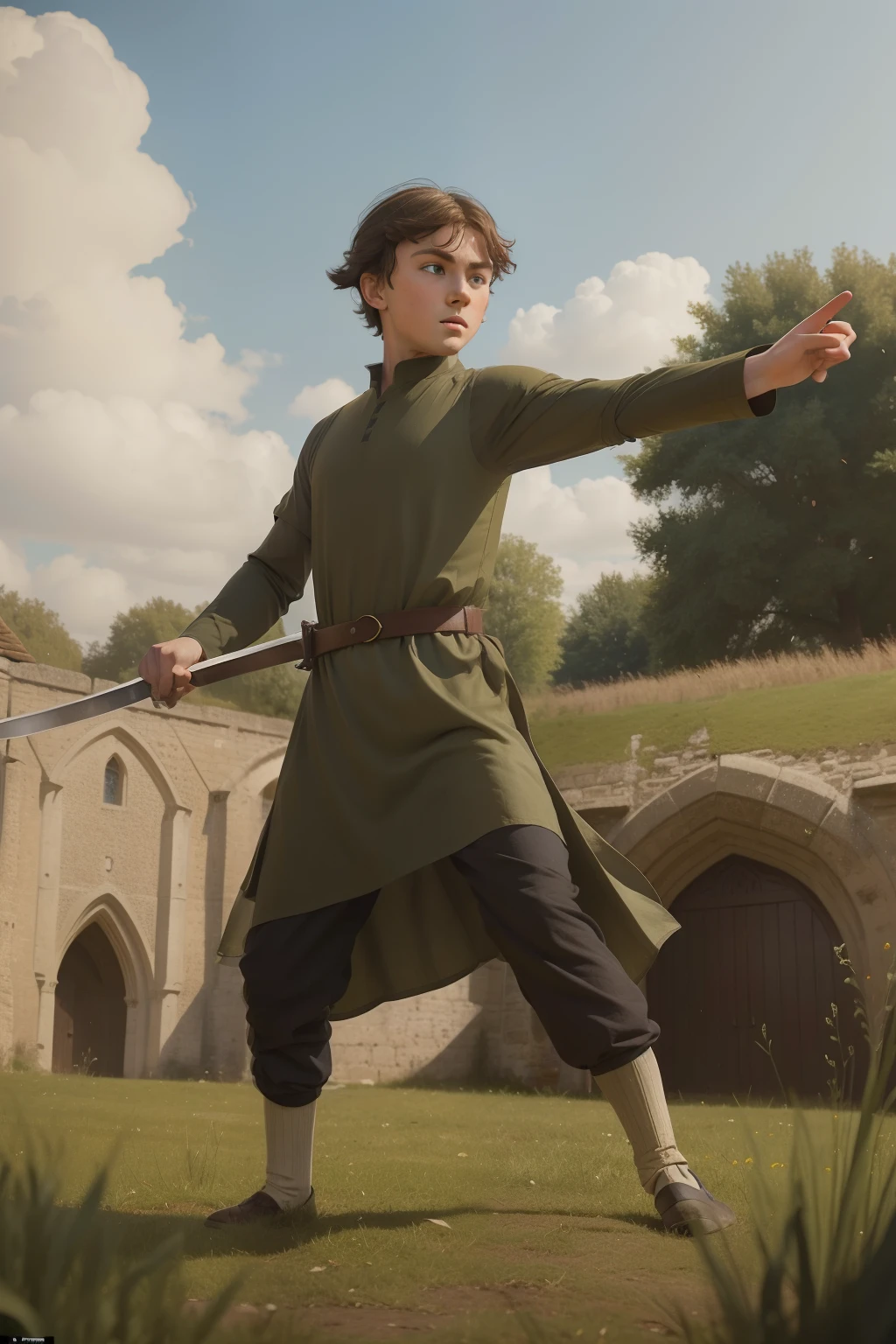 Year: 11th century. Location: Salisbury, England. Pre-raphaelite scene with a -yeld ensh boy, playing with a sword, training, outdoors, ((energetic)) ((movement)), ((((11th century plain dull tunic)))) ((11th century hairstyle)), (((cinematic style)))