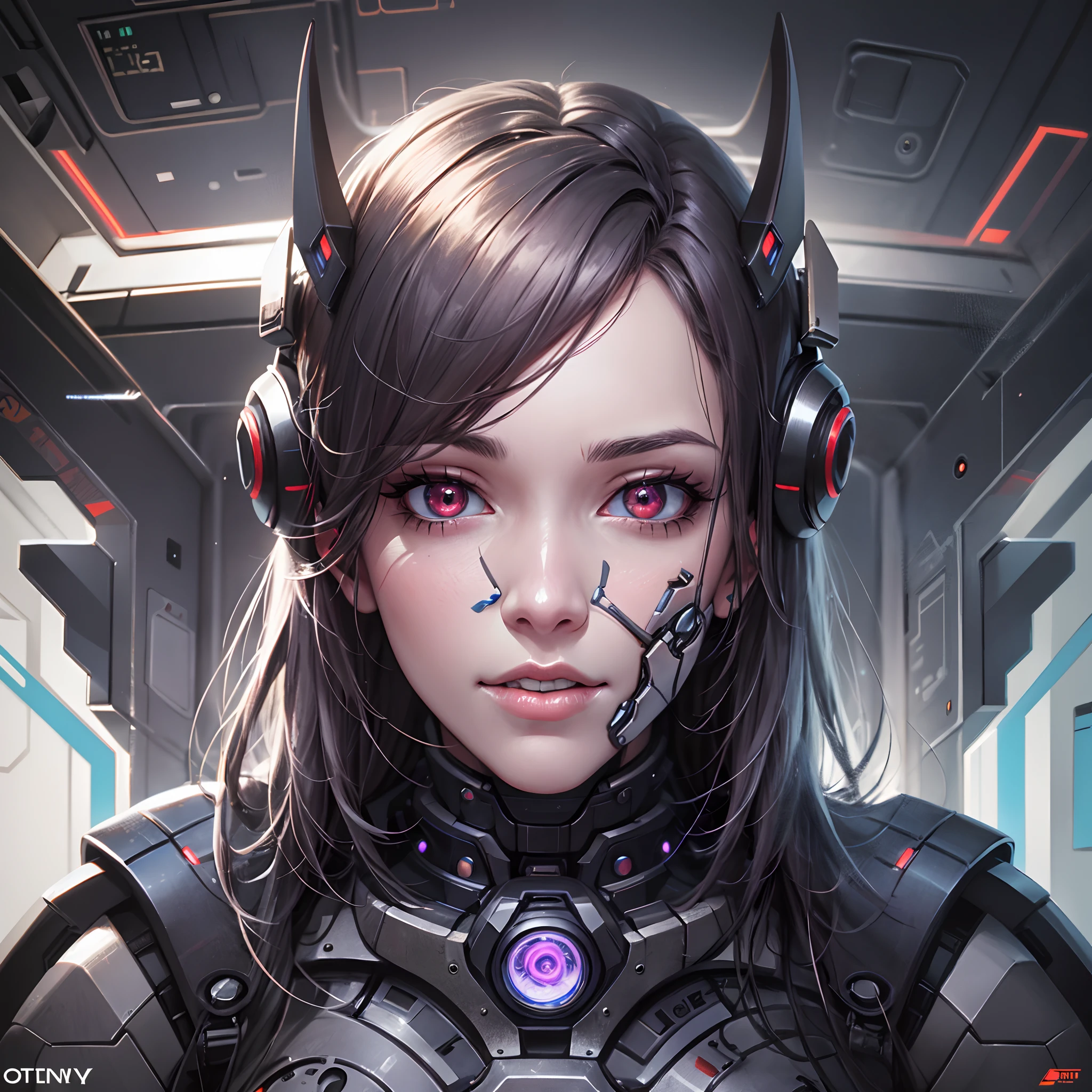 Face mask, Mask with monster teeth, mechanical head, cyberpunk art by Otto Pilny, cgsociety, computer art, realistic eyes, circuitry, future tech, futuristic, Science fiction, cyborg on space station, The girl lies in a cryo capsule in clouds of smoke, Dramatic light, technical space laboratory in the background, horror, red lights, UHD, digital art, hyperrealistic anime, detailed face skin, skin pores, droid, robot, Skull_mask, cyborg_girl
