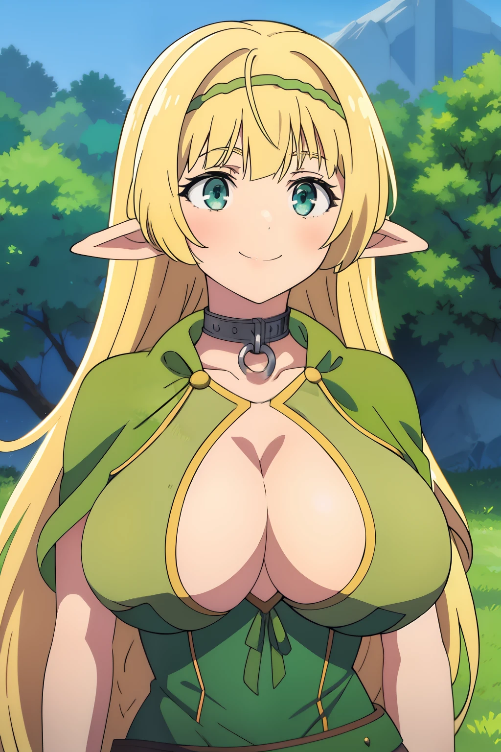anime style, , big eyes, green dress,cape,skirt,Green_outfit,cleavage, cleavage cutout, clothing cutout, elf,gem,chain,choker,blonde hair,blue eyes,bangs,very long hair, (hair between eyes:1.3),blunt bangs,green hairband, green ribbon, best quality, high resolution, 1girl, (huge breasts:1.2), A smile, closed mouth