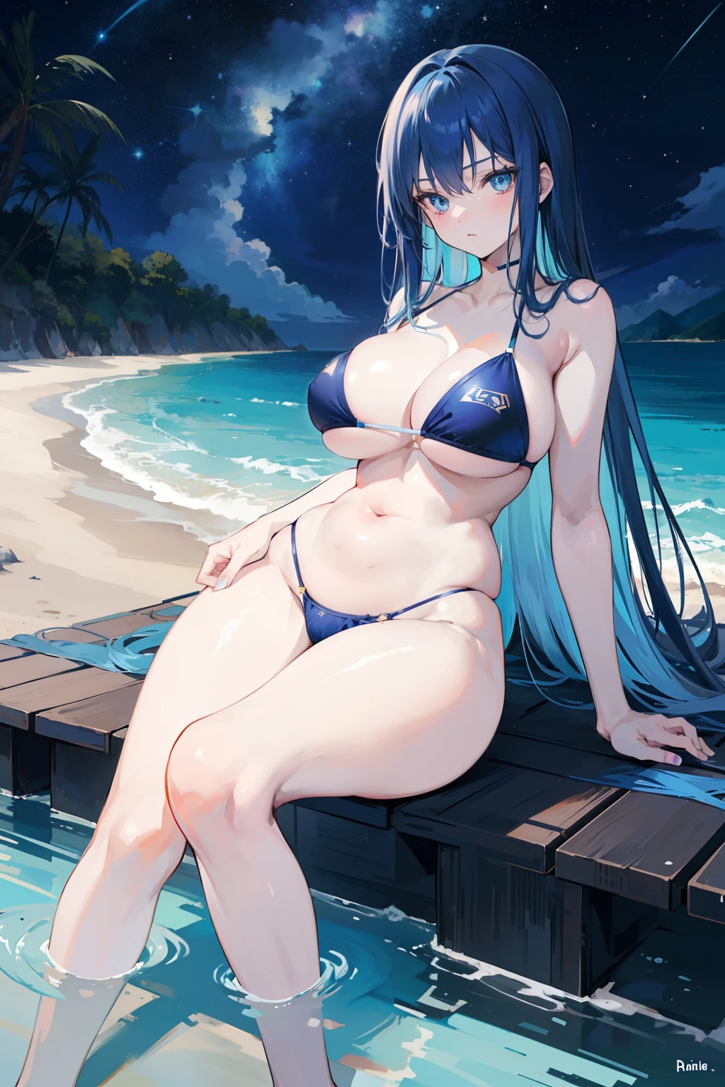 anime girl, long blue hair, beautiful blue eyes, mature and tall, mature face, slightly fierce face, in a dark blue bikini swimsuit, laying down on her back at the beach at night, starry sky dark, plump legs, beautiful background, good anatomy, 8k, high resolution