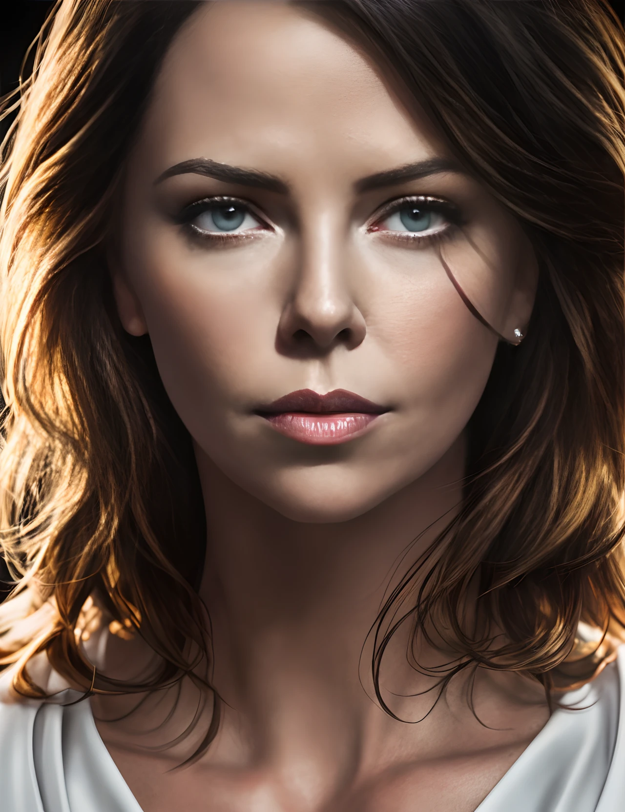 portrait of Charlize Theron, epic (photo, studio lighting, hard light, sony a7, 50 mm, matte skin, pores, colors, hyperdetailed, hyperrealistic)