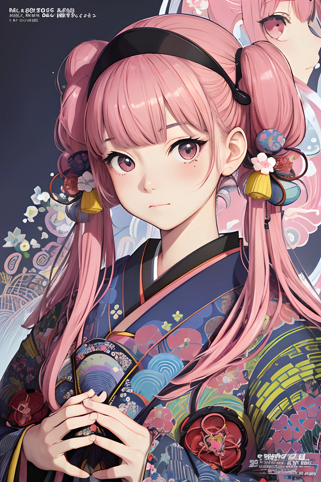 ((Japan Female Poster 1)), close up , Official art, Unity 8k壁纸, ultra-detailliert, Beautiful and aesthetic, masutepiece, Best Quality, Realistic, Zentangle, mandalas, Tangle, Entangle, Fractal Art, Extremely detailed, Dynamic Angle, Most Beautiful Form of Chaos, Elegant, Pink twin tail hairstyle、Moles under the eyes、Plump and glossy lips、gazing at viewer、front facing、a brutalist designed, Vivid colors, romanticism, Silk, Hiroshi Yoshida Italo Calvino Hilma Ahu Clint、Pink hair color