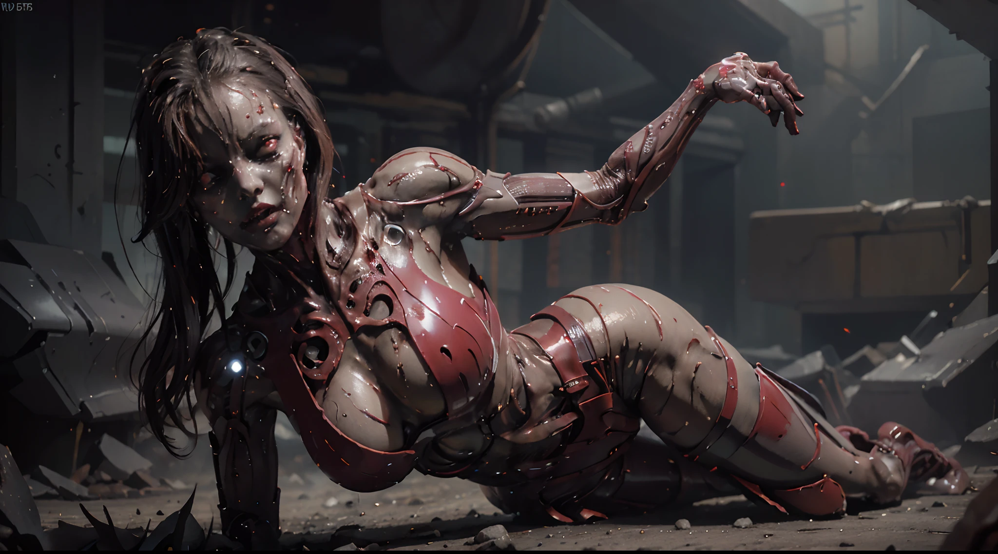 There's a cyborg woman dressed in red latex leotard, dark sci fi scenario, thong leotard, perfect body, proportional, sensual pose, horror sci Fi, creepy scenario, horror movie, cinematic, dramatic lights, ultra detailed, photorealistic, masterpiece, trending on Artstation.