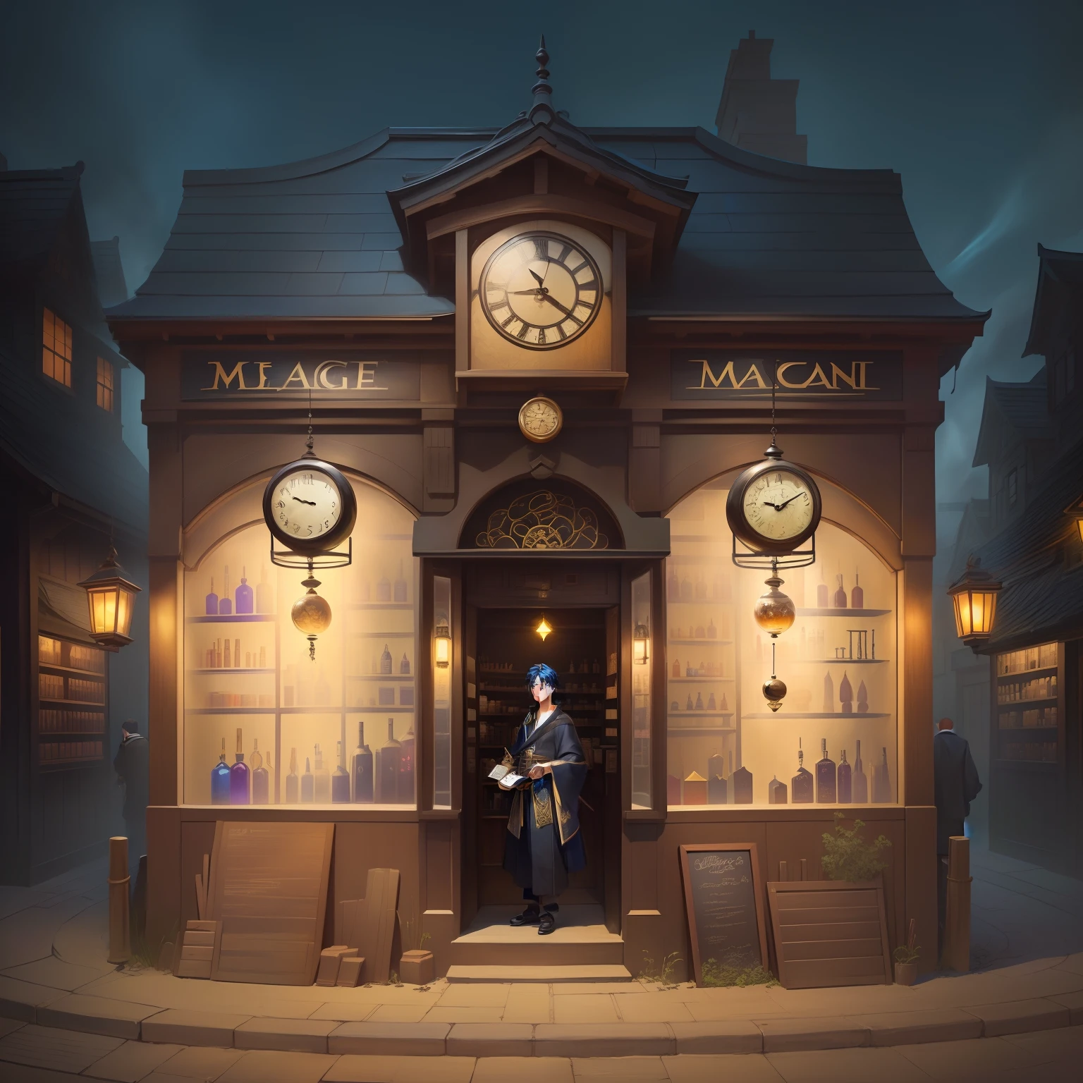 A beautiful boy with black hair in a black kimono standing in front of a store、Illustration of a storefront with a clock and many bottles, Magic Shop, Inside the shop of beautiful boys in kimonos standing in front of an old demon house, Background of Magic Lab, Setting Up Magic Lab, Magic Weapon Shop Window, magical concept art, It's in the wizard's shop, MAGIC LIBRARY, magical items, concept art magical highlight, Magic Mystery World, a wizard's apothecary, partial