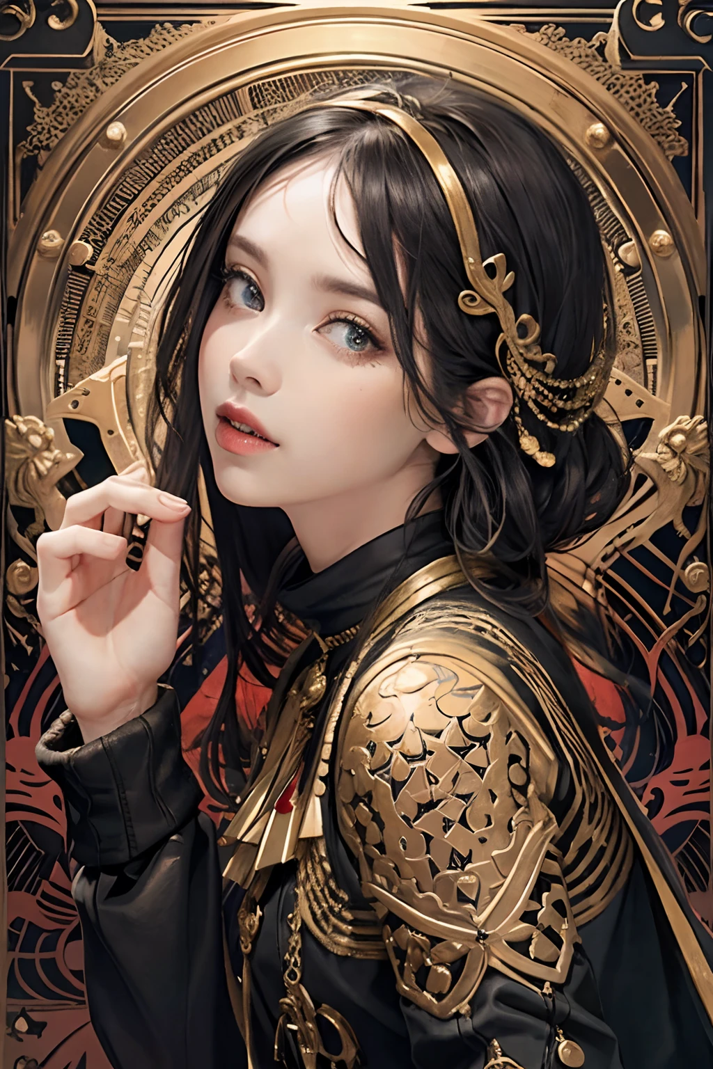 (masterpiece, top quality, best quality, official art, beautiful and aesthetic:1.2), (1girl), extreme detailed,colorful,highest detailed, official art, unity 8k wallpaper, ultra detailed, beautiful and aesthetic, beautiful, masterpiece, best quality, (zentangle, mandala, tangle, entangle) ,holy light,gold foil,gold leaf art,glitter drawing, PerfectNwsjMajic