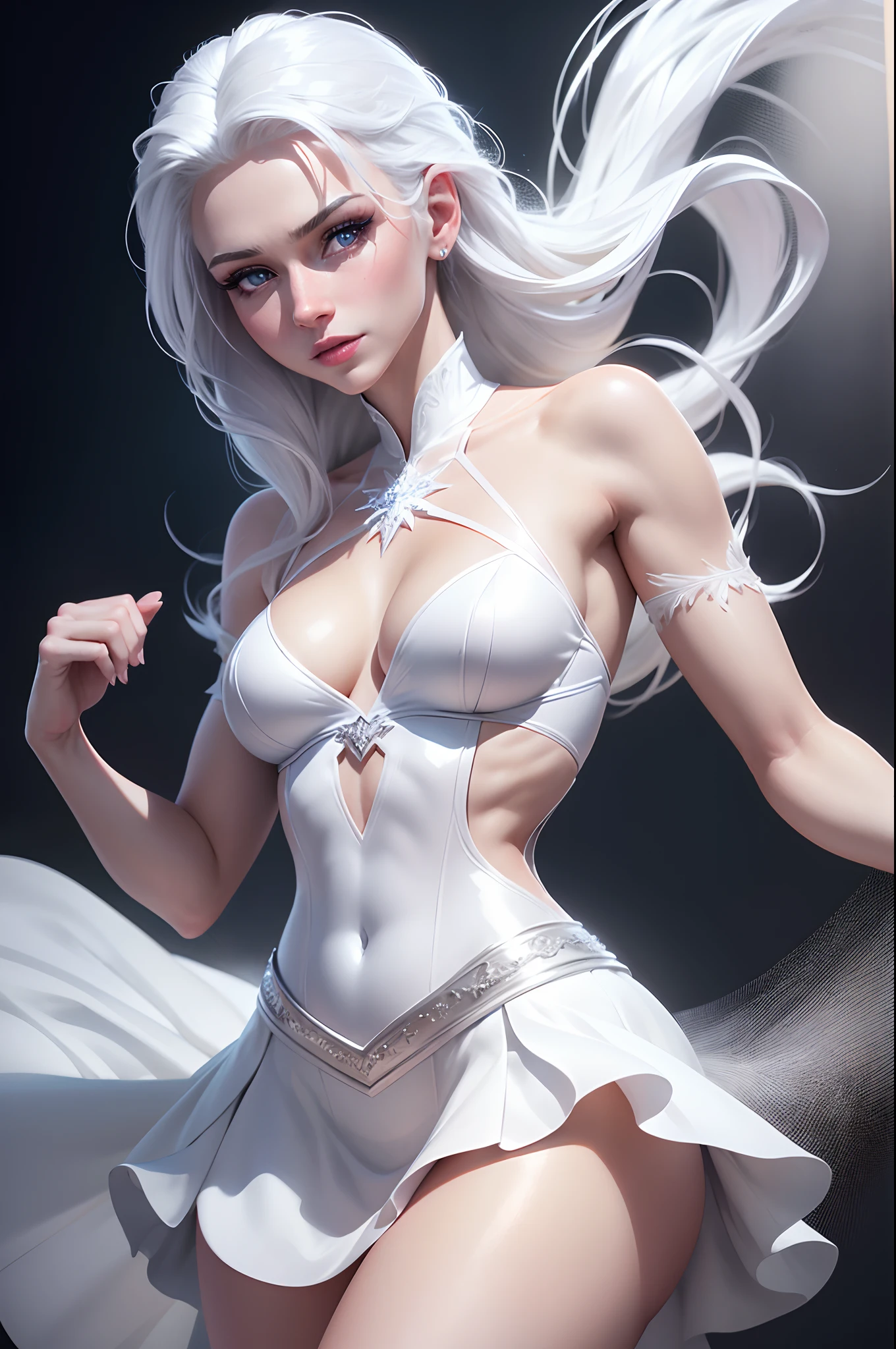 realistic hot elsa, with sexy skirt, white shiny sexy skirt, white hair, dancing, 8k resolution, (best quality: 1.1), (anatomically correct: 1.1), (perfect hand: 1.1 ), ( (Facial Detail: 1.3)), (Skin Detail), (Perfect Eyes), (Perfect Nose