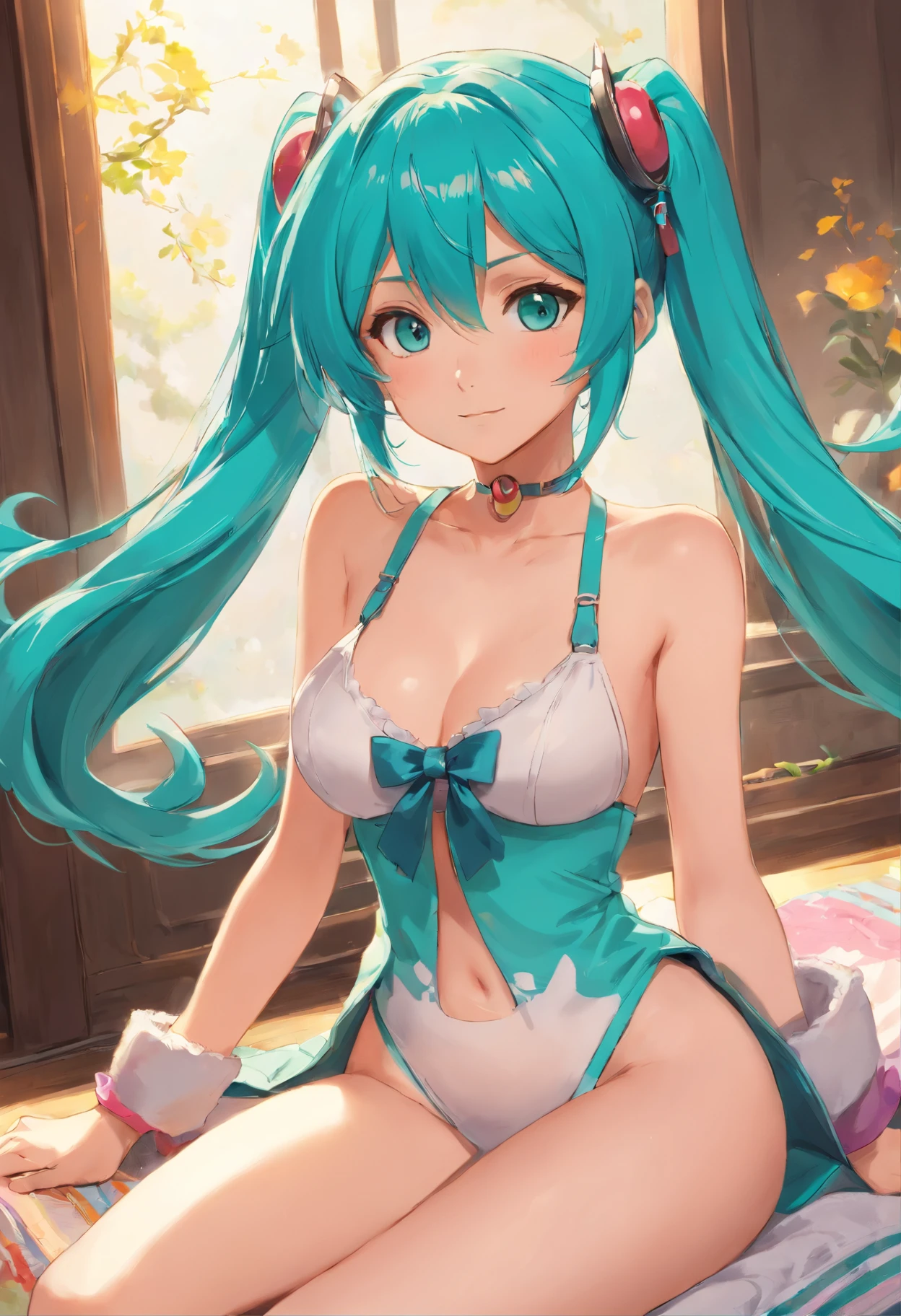 sexy, tetona, escote, manos perfectas dedos perfectos pechos perfectos ajuste perfecto cuerpo perfecto cara perfecta imagen perfecta realismo detallado fondo detallado atuendo micro bikini,motor irreal, 3dcg, octanaje render, 8k highest resolution highly detailed,pechos a punto de estallar fuera de su ropa, pechos enormes, sexy, lingirie, Hatsune Miku