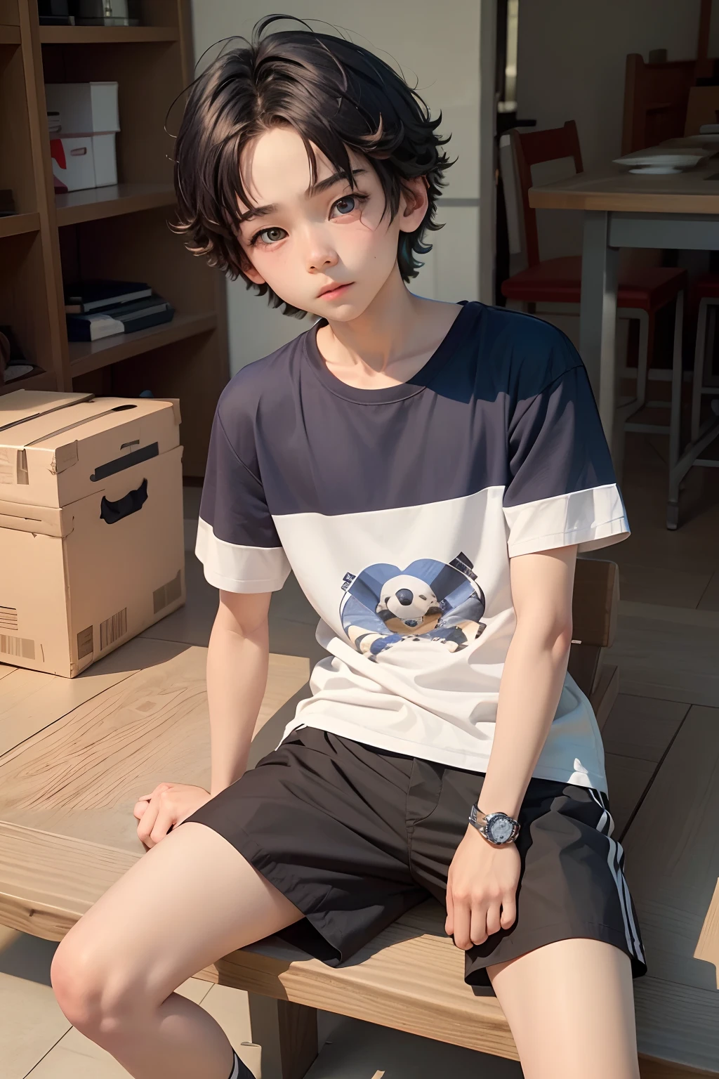 13 years old cute boy，Detailed face，Detailed eyes，二重まぶた，sitted，Wear shorts and short sleeves