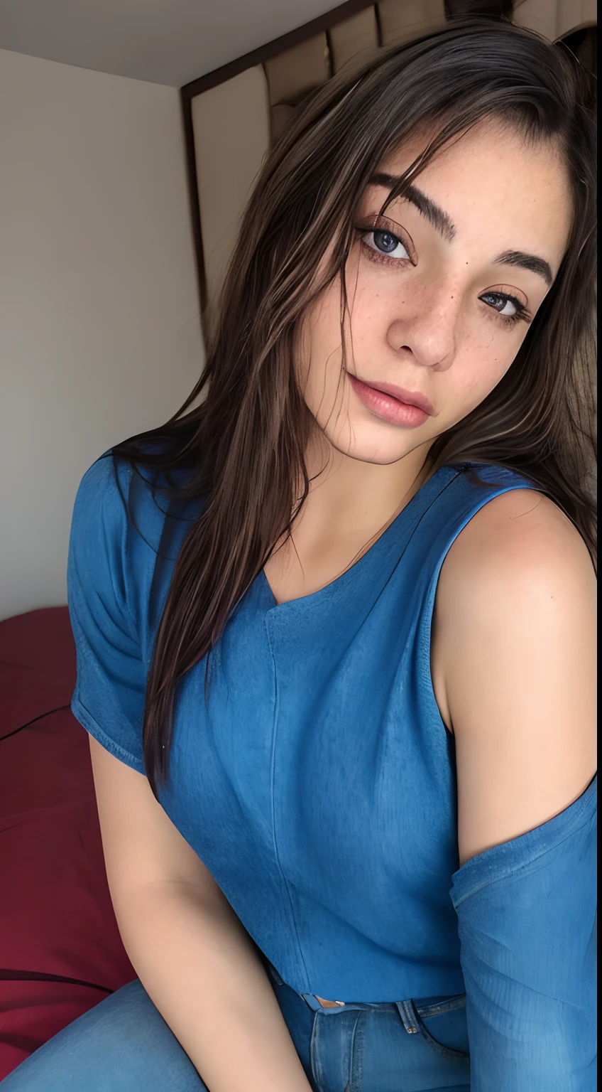romantic style, masterpiece, best quality, 8k, artstation, sharp focus, ultrarealistic, high details, raw photo of a portrait of a pole, undercut hair, maid, freckles, casual blue tshirt and jeans blue tshirt , lying On Bed, Lying On Bed, came from college, tired came from college,amazing body, pronounced feminine feature, bedroom, closeup, afternoon 4 pm(redhead:0.4), (photorealistic:1.3), (highest quality:1.3), (film grain:1.3), ( world's best photography:1.3), (professional Photo:1.3), (detailed details:1.3), (cinematic light:1.3), ( cinematic color:1.3), maximum depth of field, film photography, ( intricate details:1), (hyperdetailed:1),