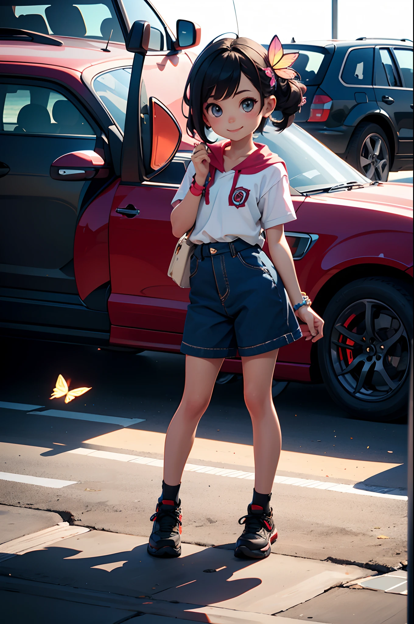 Octane Render、(Hyper-detailing: 1.15)、(Soft light、sharp: 1.2)、morning、Little girl posing in front of EV in parking lot near beach, Accessories for shoes、butterfly hair ornament、 Fuji Film, F/4.0, masutepiece, Anatomically correct、A smile, radiant light