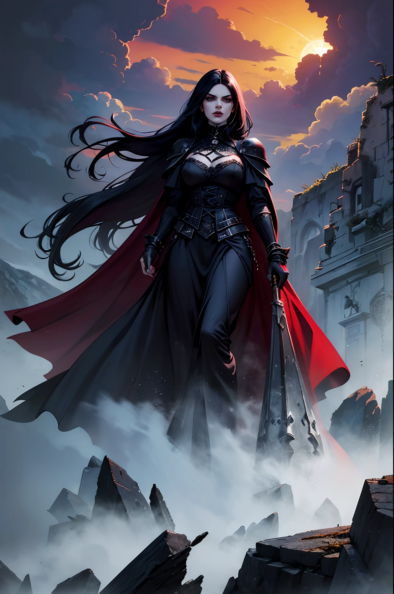 realistic photo,Sensual, mysterious, gothic woman in long black skirt,with pieces of black armor on her arms,pale skin with scars,bright red eyes, walking down a medieval street full of monsters scared to see her walking