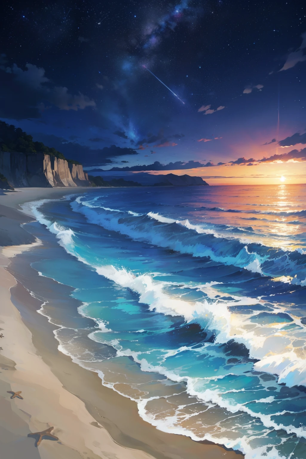 Beautiful beach at night, dark starry sky, beautiful