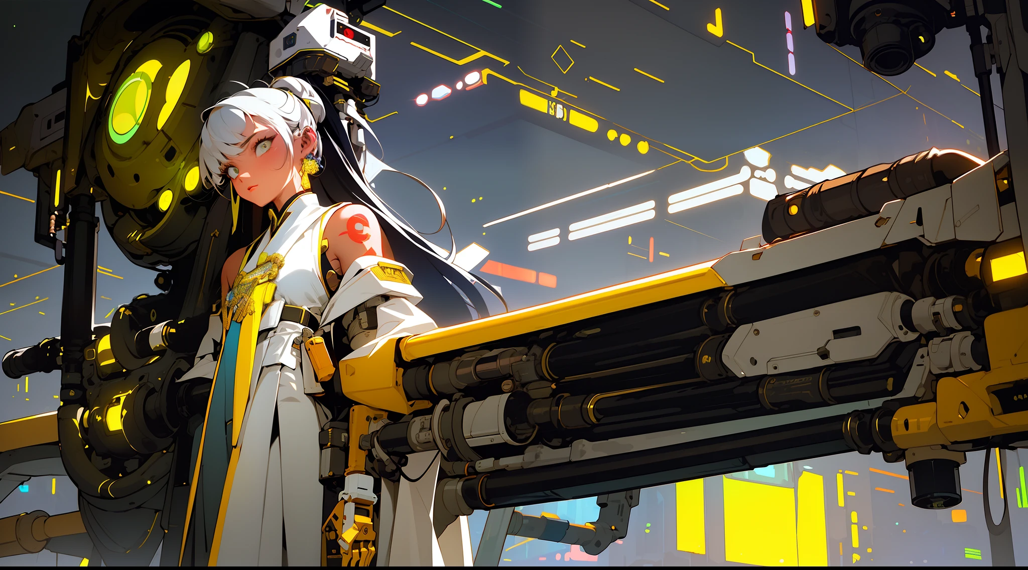 (Masterpiece, Top Quality, Best Quality), ((Cyberpunk Style, Robotic Arm, Hololo, Surreal Science Fiction Art, Future Science Fiction Aesthetics)), (1 Girl Solo), Close Up, (Resolute Eyes), (Ancient Chinese Clothes, White Robe, Embroidered Collar Uesugi, White Big Sleeve Shirt, Streamers), (Hairpin, Long Black Hair, Weapons), (Hanfu), (Clear Facial Features, Detailed Skin Texture, Beautiful Face), White Background, Earrings, Yellow Skin, Standing, (((flat color))), anatomically correct