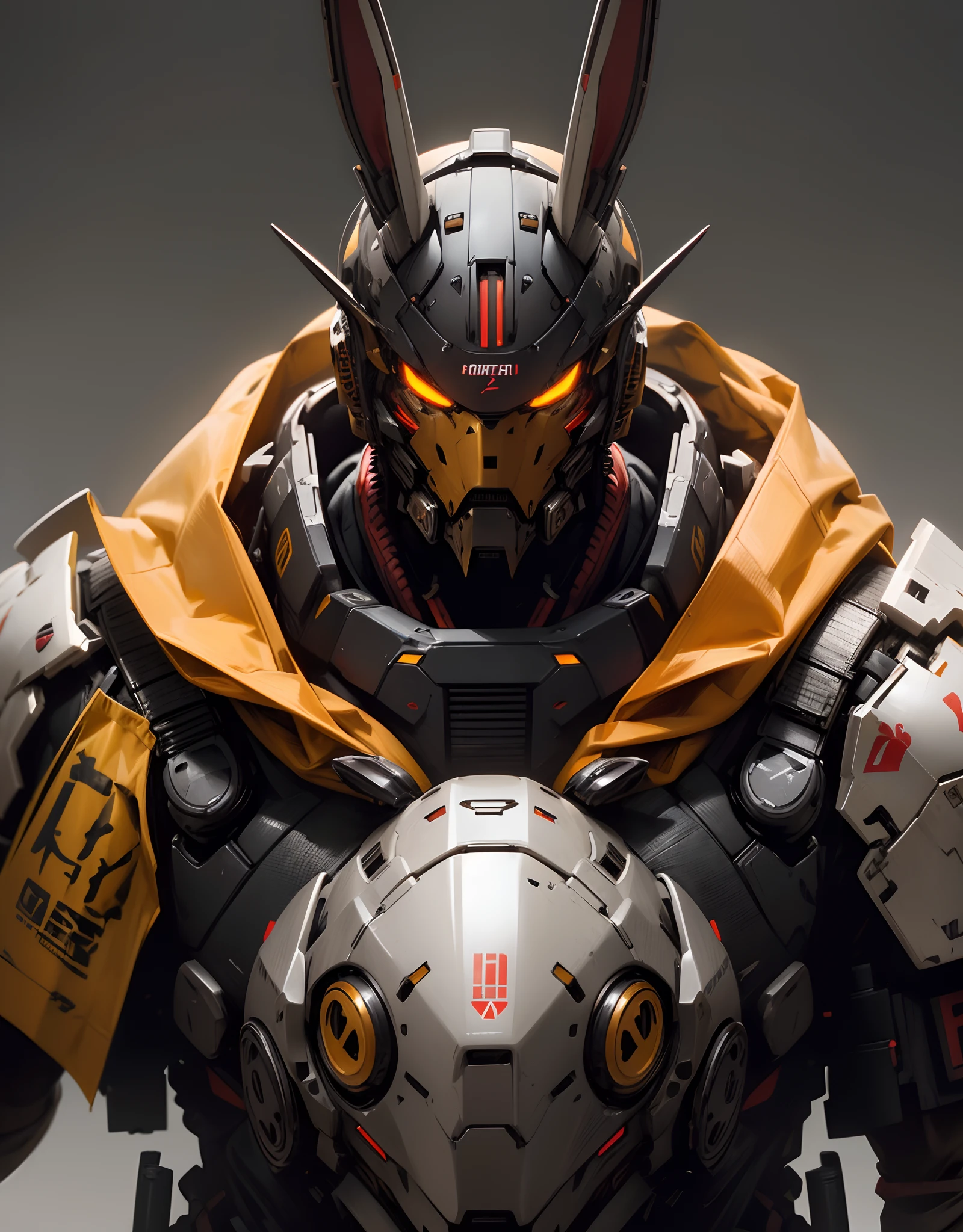 (best quality, high resolution, realistic:1.2), close up, dark fantasy, furious cyborg male rabbit samurai, detailed rabbit head, dangerous, red, grey and yellow color palette, tactical suit with mech details