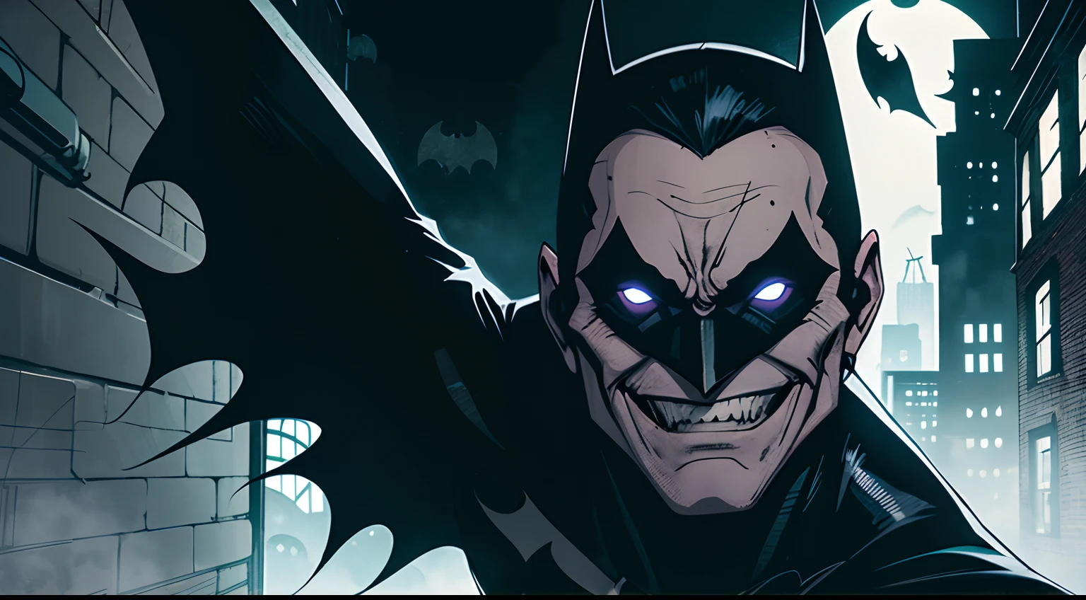 currupt batman, closup face, dark shadowy figure, creepy laugh, scary, gotham city alley background, night time
