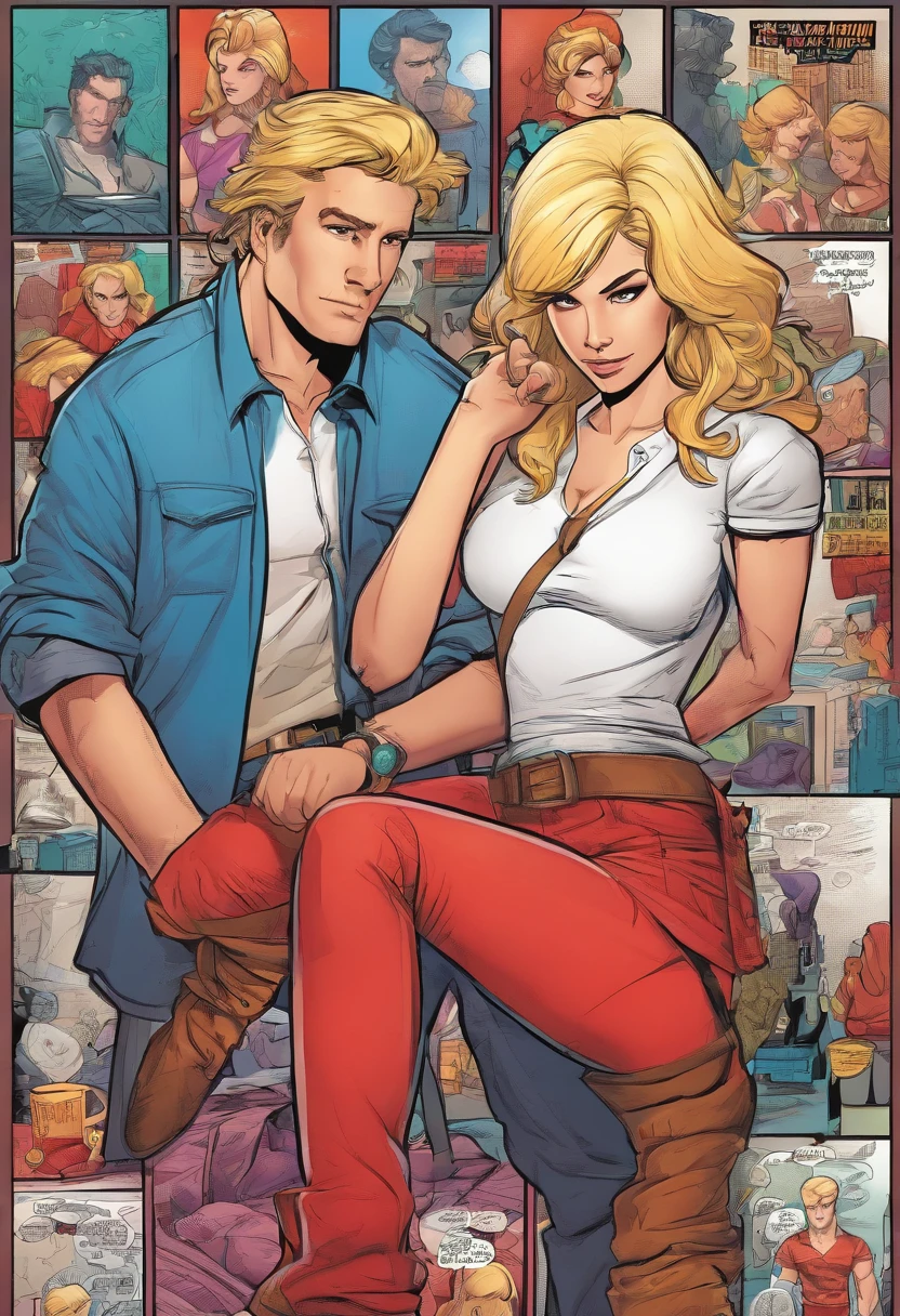 Adult  man and Woman with blond hair looking sad after breakup, red shirts, utility belt, tight pants, boots.