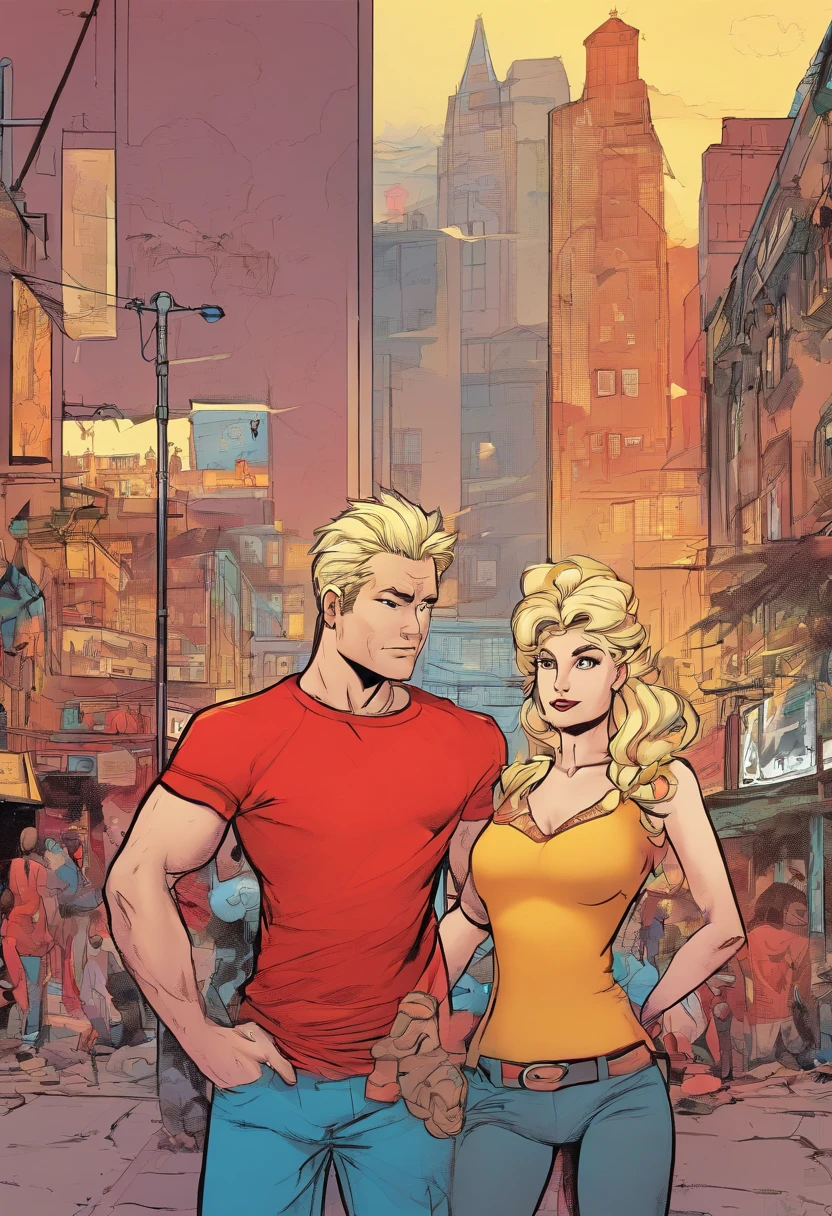 Adult man and Woman with blond hair looking sad after breakup, red shirts, utility belt, tight pants, boots.
