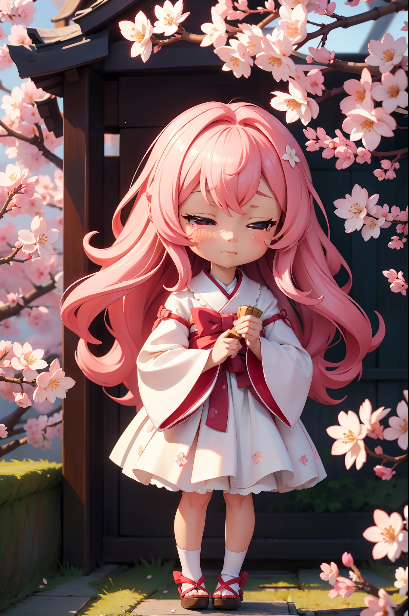 Doll standing in front of the painting、bionde、Crying face、Wiping tears、Close your right eye、Sengai、pixiv、rokoko、dollfie dream、watercolor Nendoroid、(High Definition Figure)、flowing sakura-colored silk、nendroid、highly_Detailed!!,Cherry blossom petals、Flowing cherry blossom silk、season!!: 🌸 ☀ 🍂 ❄