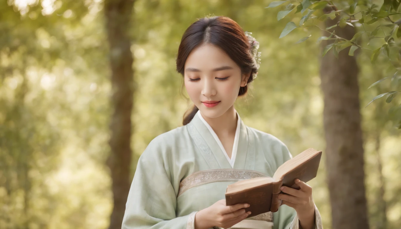 (Best Quality,Ultra-detailed,realisitic:1.37),portrait of a,Korean men and women reading the Bible,Oil Painting,Traditional Korean Costume,Peaceful garden scene,Soft sunlight,tranquil expression,wisdom,Bible Quotes,vibrant colours,delicate brushwork,subtle textures,lush greenery,Contemplative atmosphere,Beautiful picture book,Highlighted features:Eyes in focus,gentle smiling,Graceful posture,Sunlight shining through the trees,rays,Quiet surroundings,serene ambiance,A Blessed Moment