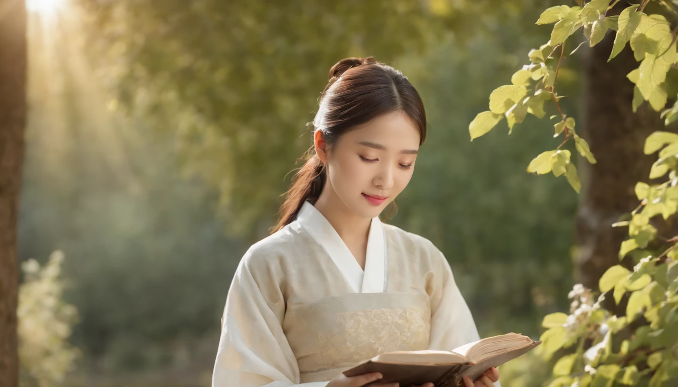 (Best Quality,Ultra-detailed,realisitic:1.37),portrait of a,Korean men and women reading the Bible,Oil Painting,Traditional Korean Costume,Peaceful garden scene,Soft sunlight,tranquil expression,wisdom,Bible Quotes,vibrant colours,delicate brushwork,subtle textures,lush greenery,Contemplative atmosphere,Beautiful picture book,Highlighted features:Eyes in focus,gentle smiling,Graceful posture,Sunlight shining through the trees,rays,Quiet surroundings,serene ambiance,A Blessed Moment