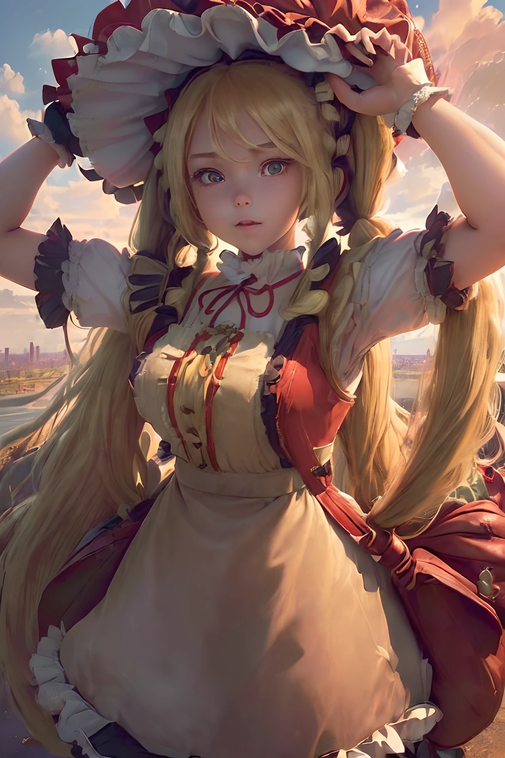 ((((hyperdetailed face, Perfect face and nice perfect face)))),( hight resolution, ultra-detailliert), (((((Girl with long hair blonde twin tails)))),(())),((((Red Maid Dress)))),(((girl with))),,((((Boston Bag)))),(((witch's hat))),(((sea of clouds))),(((with arms up))),(((Medieval cityscape))),(((Ruffled skirt, Highest Quality)))),(((Great frolic)))