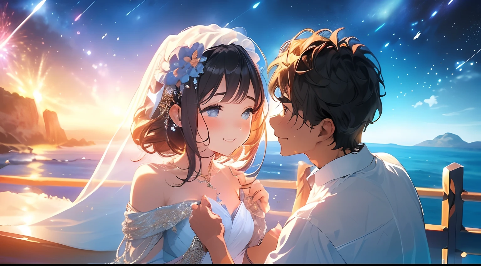 A man and a woman fell off a cliff,The boy pulls the girl on top,The girl fell,Under the cliffs is the sea,,Natural expression,((Best quality, A high resolution, Masterpiece:1.2)), (Romantic), (newlyweds:1),(Happy smile),(Clear facial features:1.5), Delicate facial features, Clear facial features, Optimized details,(Stargazing at the top of the mountain), (Spectacular sky fireworks display), (Colorful fireworks), (Giant fireworks), (Wedding dress), (suit), (glittering stars:1.5), Romantic couple photo, cinematic Film still from