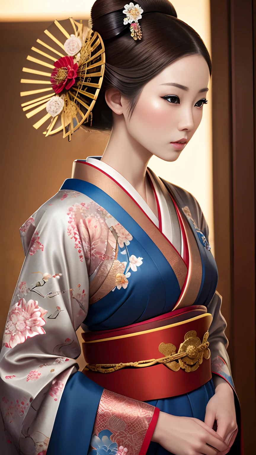 Photorealistic Production, (One Person), (Realistic Image of a 25 Years Old Japanese Geisha Model), (Brown Hair with Elaborate Traditional Geisha Hairstyle and Makeup), (Pale Skin), (Wearing a Luxurious Blue Kimono with Intricate Floral Patterns), (Serious Face), (Dynamic Action Pose), Centered, (Half Body Shot), From Front Shot, Insane Details, Intricate Face Detail, Intricate Hand Details, Cinematic Shot and Lighting, Realistic Colors, Masterpiece, Sharp Focus, Ultra Detailed, Taken with DSLR camera, Realistic Photography, Depth of Field, Incredibly Realistic Environment and Scene, Master Composition and Cinematography