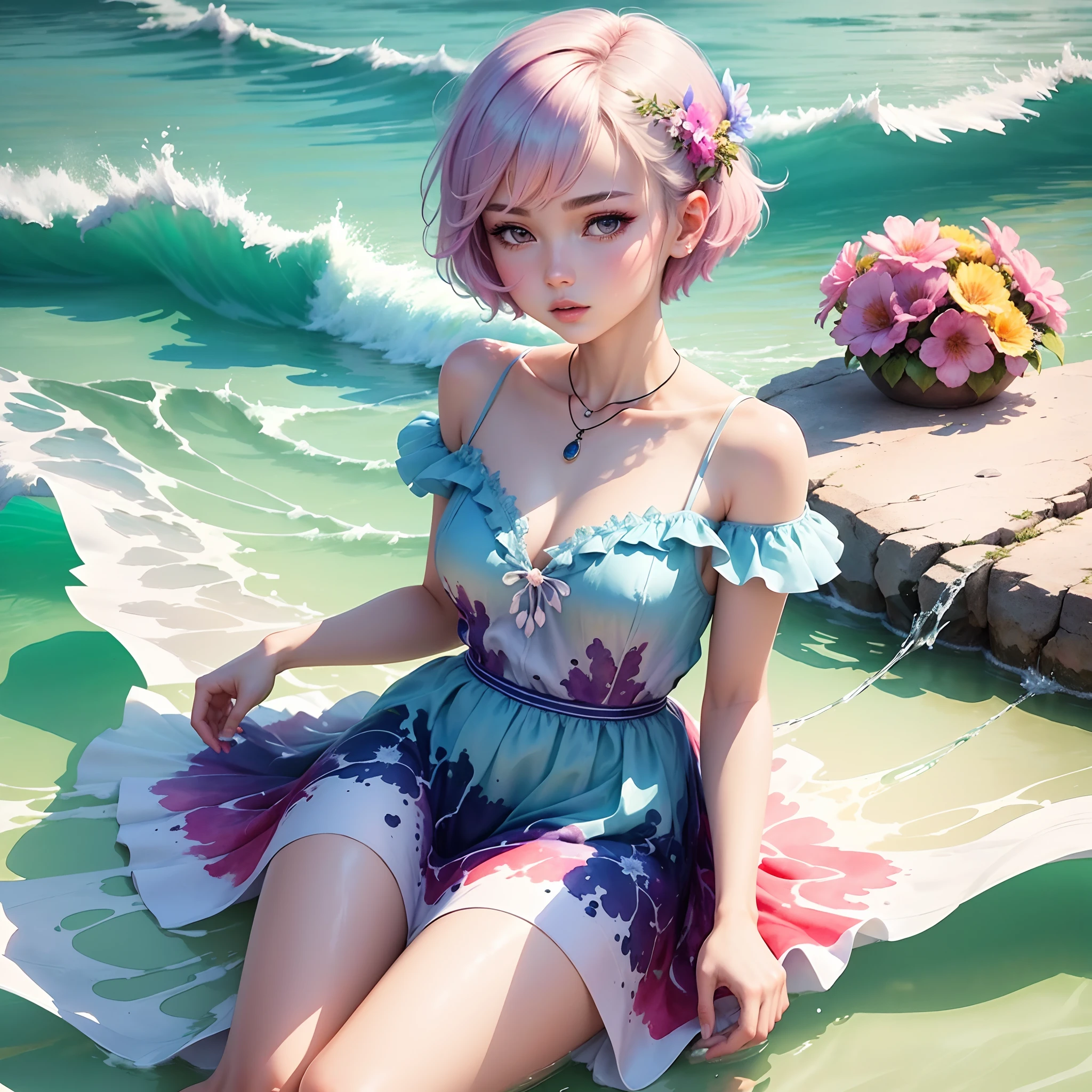 (Best Quality), (Masterpiece: 1.2), (Colorful: 0.9), (Ink Splash), (Color Splash), (Watercolor)), Sharp Focus, (Portrait Summer Goddess: 1.5), Elegant Look, Elegant Pastel Haircut, Beautiful and Detailed Face and Eyes, Elegant Clothes, Summer Sea Background, Colored Water