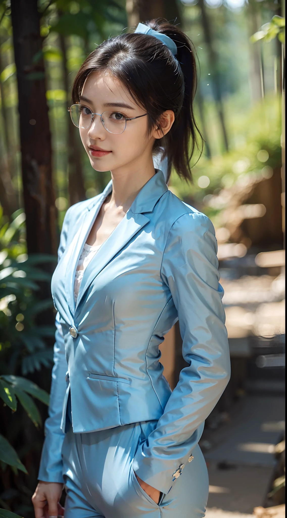 (shoulder length straight short black hair: 1.3), （Extremely meticulous CG 8k wallpaper），（Extremely refined and beautiful），（Masterpiece），（best qualtiy：1.0），（Ultra High Resolution：1.0），beautiful light up，Perfect lightning，realistic shaded，[A high resolution]，Smooth and flawless fair skin，Extremely exquisite facial details，（perfect body：1.1），ultra - detailed,1 beautiful girl，small head，(very Short ponytail:1.5),(glasses:1.3),(Flat chests:1.3)，slim，thin，Smile，cheerfulness，(Light blue Zhongshan suit:1.5),(Light blue long trousers:1.3),Slender legs,upper body,close shot,cowboy shot,(Portrait above chest level:1.2),(Photo booth:1.2),(Day scene:1.2), Running,in the forest,on the mountains,on the path