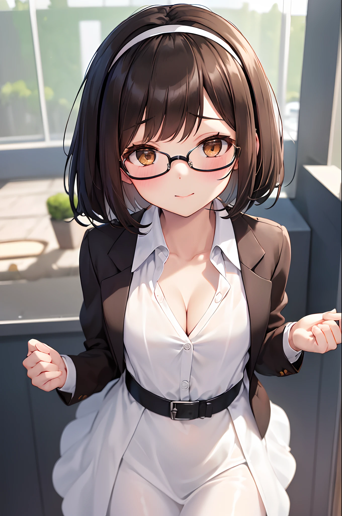 (masutepiece, Best Quality, Capture super cute moments, depth of fields, ultra-detailliert, Ultra High Resolution, C4D, Octadale, 3D Modeling, 8K, 16 K, one girls,a , small tits,A dark-haired,short-hair,straight haired,Light brown eyes, horseshoe-shaped hairband,wearing black glasses,Cute face), White dress shirts, Brown jacket, cleavage,Looking at the camera,The upper part of the body