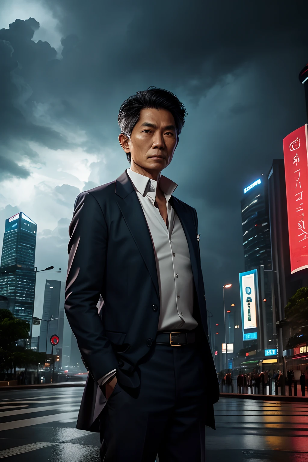 photo realistic,  ultra high definition, modern fantasy, a fifty-year-old powerful Singaporean urban wizard at a junction on the streets, buttoned-up collar, dignified, wonderous, mysterious, arcane, stormy weather