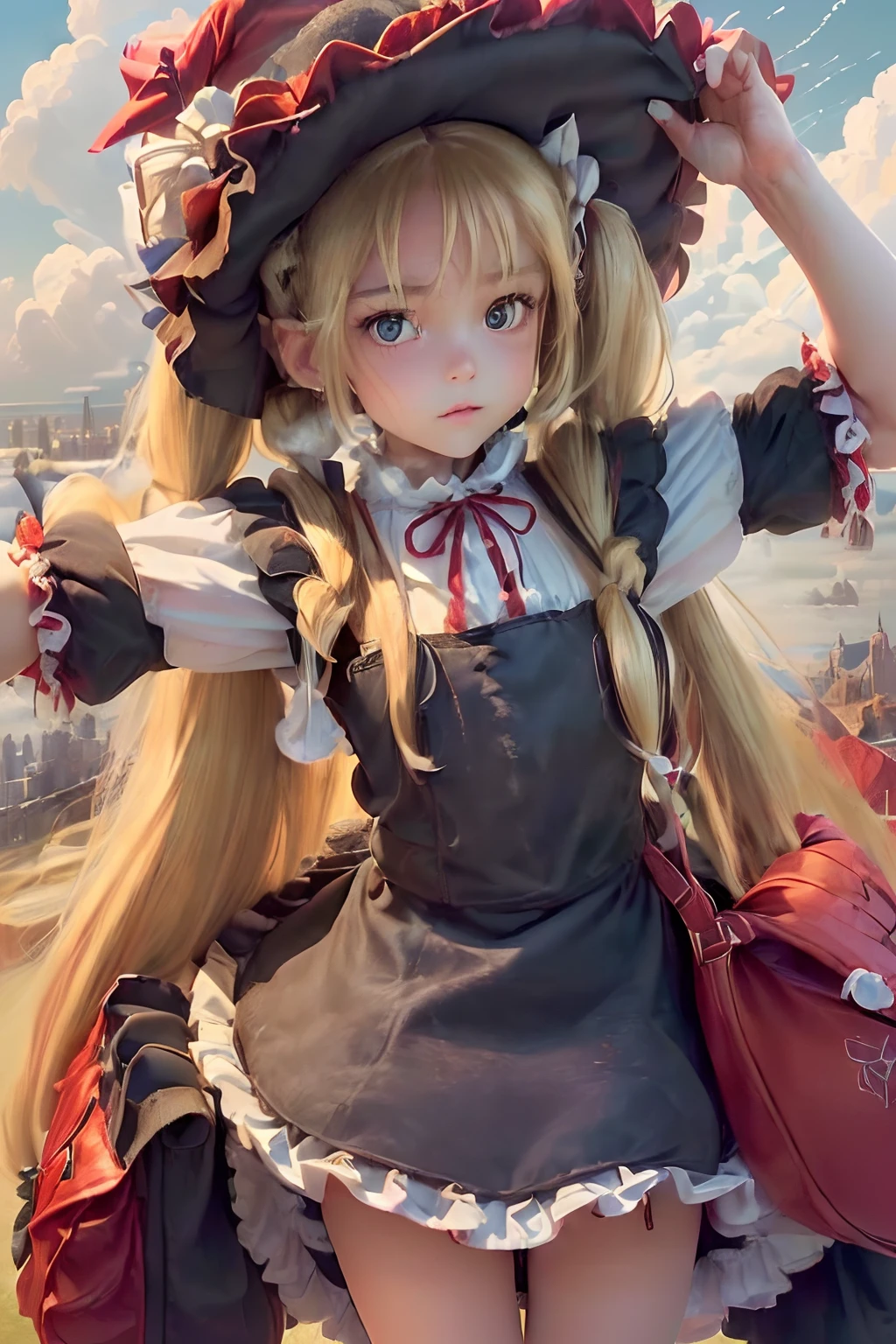 ((((hyperdetailed face, Perfect face and nice perfect face)))),( hight resolution, ultra-detailliert), (((((Petite girl with long hair blonde twin tails)))),((stratosphere))),((((Light Blue Maid Dress)))),（((In the firmament))),(((contrail))),(((Big witch's hat))),(((sea of clouds))),((())),(((Medieval cityscape))),((((Ruffled skirt, Highest Quality)))),(((Flying in the sky))),(((Blue High Socks))),(((great laughter))),(((heavy wind))),(((upside))),((()))),(((I have a broom)))