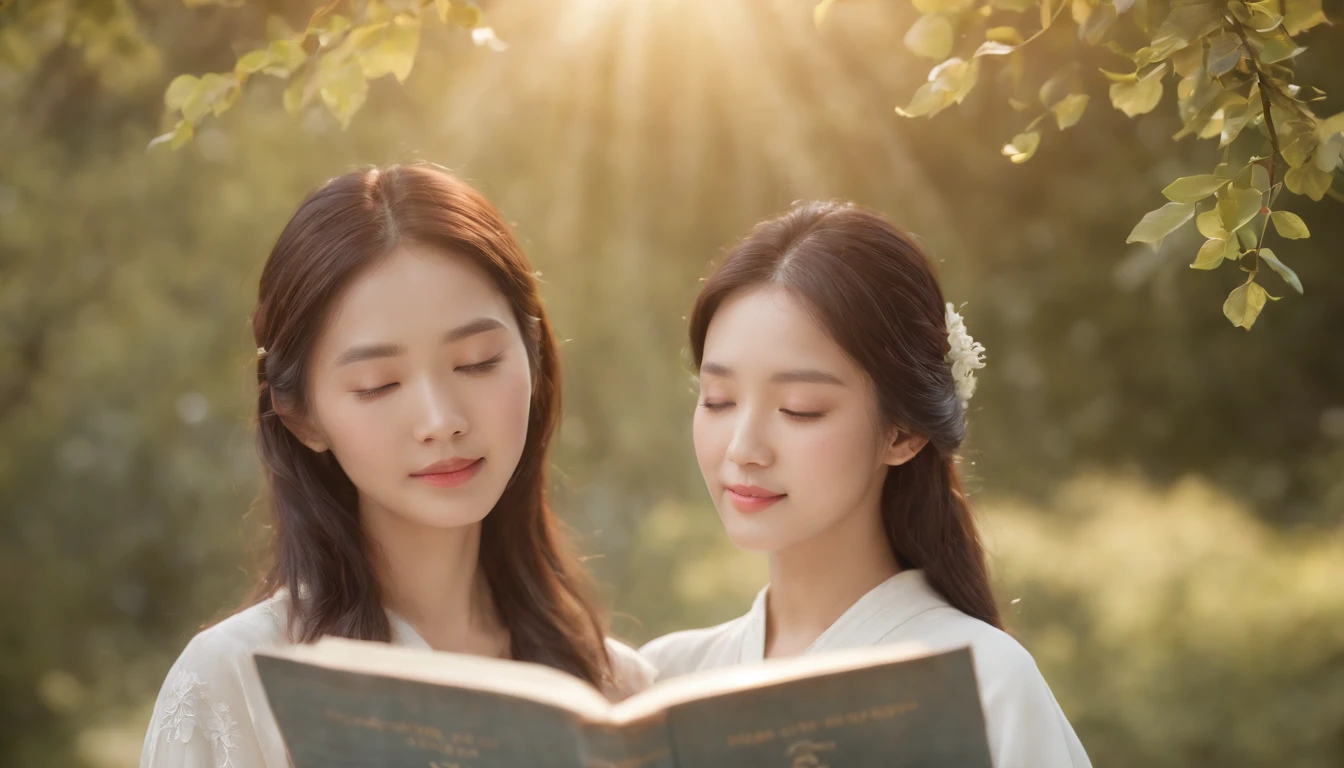 (Best Quality,Ultra-detailed,realisitic:1.37),portrait of a,Korean men and women reading the Bible,Oil Painting,Traditional Korean Costume,Peaceful garden scene,Soft sunlight,tranquil expression,wisdom,Bible Quotes,vibrant colours,delicate brushwork,subtle textures,lush greenery,Contemplative atmosphere,Beautiful picture book,Highlighted features:Eyes in focus,gentle smiling,Graceful posture,Sunlight shining through the trees,rays,Quiet surroundings,serene ambiance,A Blessed Moment