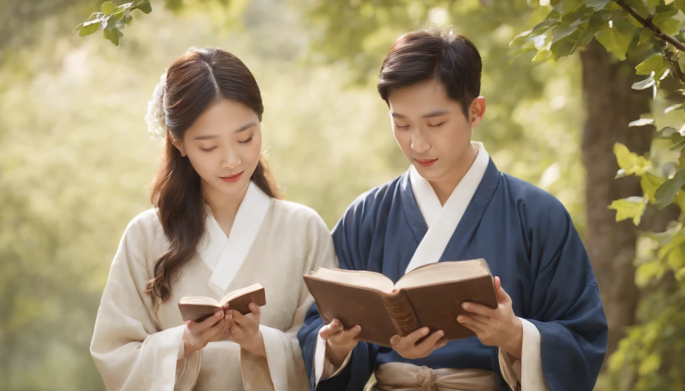 (Best Quality,Ultra-detailed,realisitic:1.37),portrait of a,Korean men and women reading the Bible,Oil Painting,Traditional Korean Costume,Peaceful garden scene,Soft sunlight,tranquil expression,wisdom,Bible Quotes,vibrant colours,delicate brushwork,subtle textures,lush greenery,Contemplative atmosphere,Beautiful picture book,Highlighted features:Eyes in focus,gentle smiling,Graceful posture,Sunlight shining through the trees,rays,Quiet surroundings,serene ambiance,A Blessed Moment